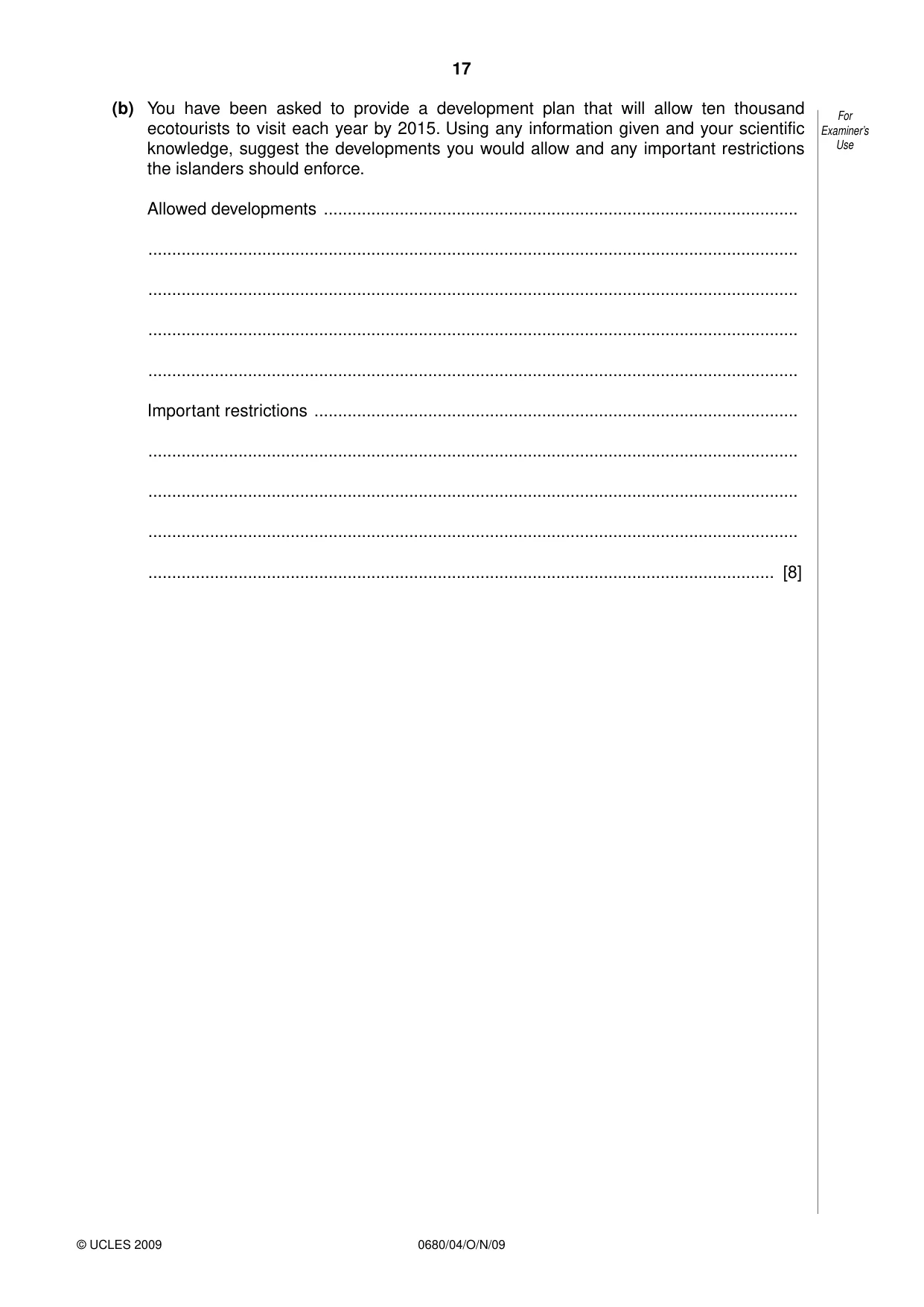 Cambridge IGCSE Environmental Management 0680 2009 Oct/Nov Paper 4 · Variant 1 question paper, page 17 of 20