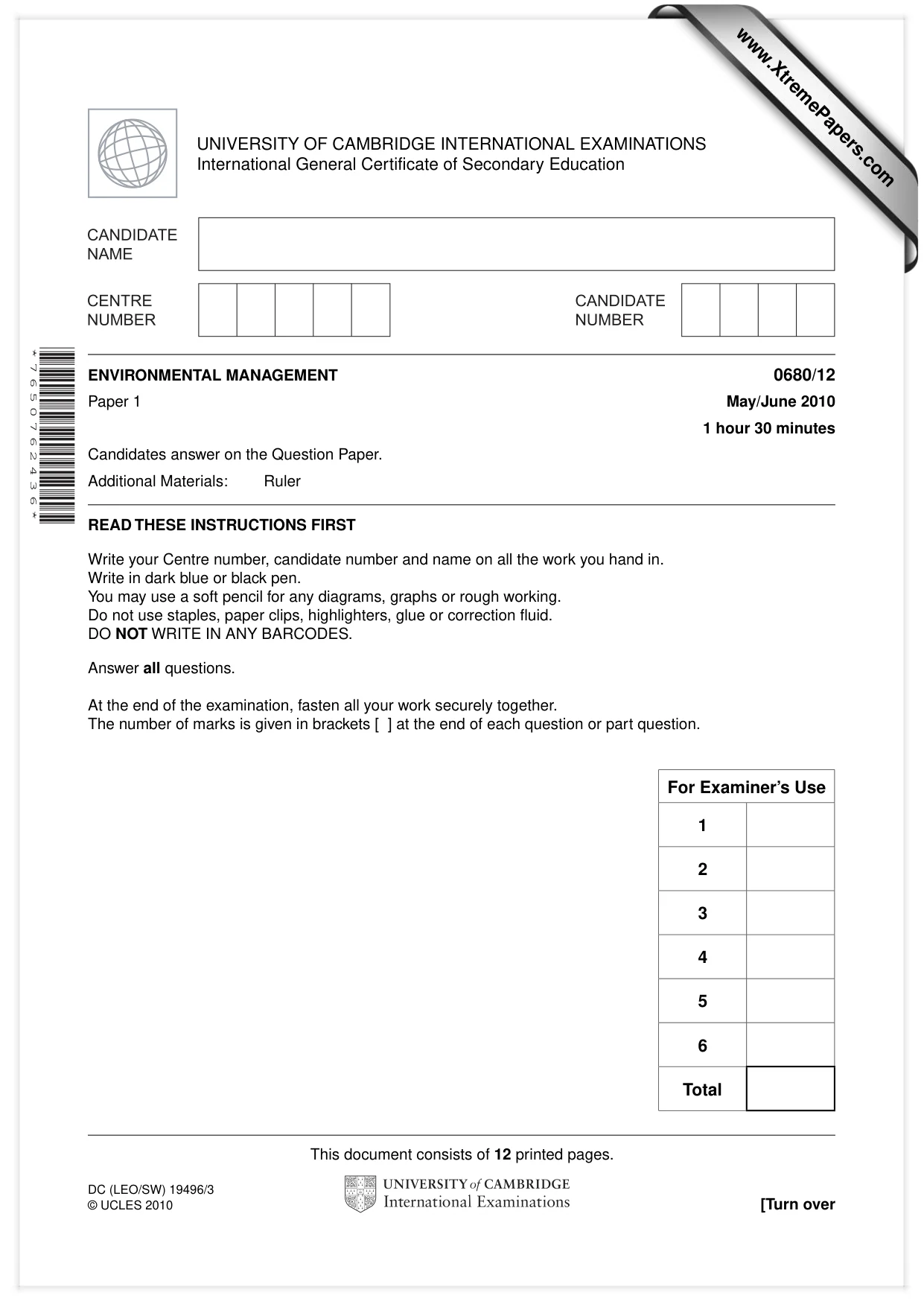 Cambridge IGCSE Environmental Management 0680 2010 May/June Paper 1 · Variant 2 question paper, page 1 of 12