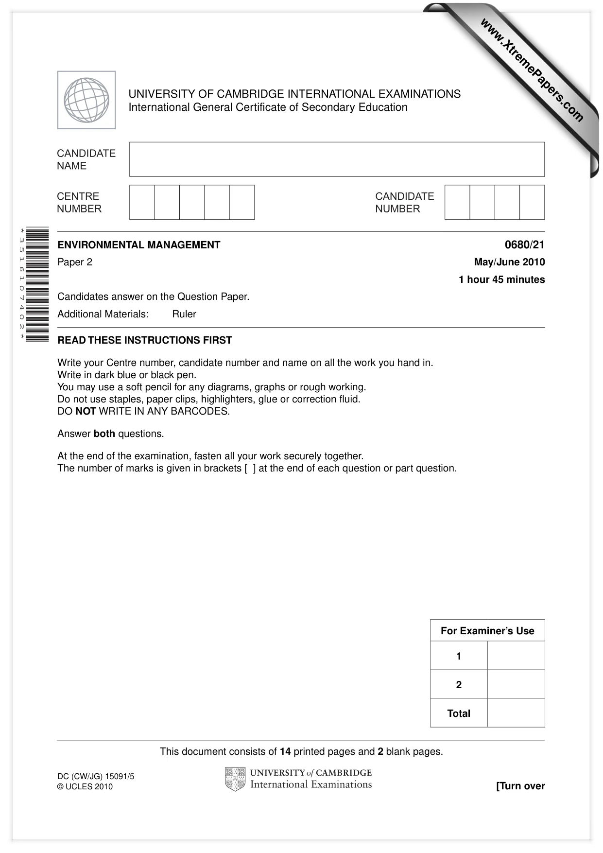 Cambridge IGCSE Environmental Management 0680 2010 May/June Paper 2 · Variant 1 question paper, page 1 of 16