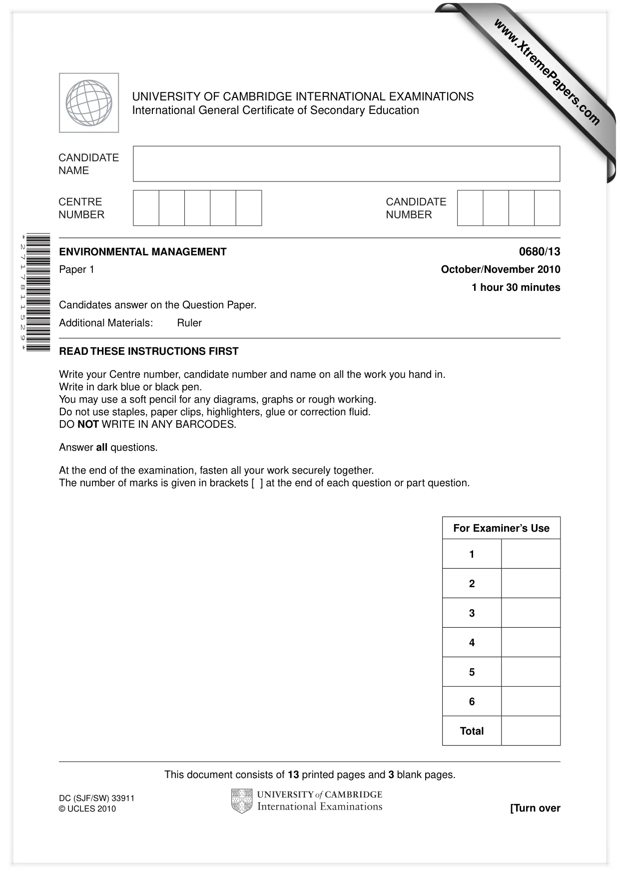 Cambridge IGCSE Environmental Management 0680 2010 Oct/Nov Paper 1 · Variant 3 question paper, page 1 of 16
