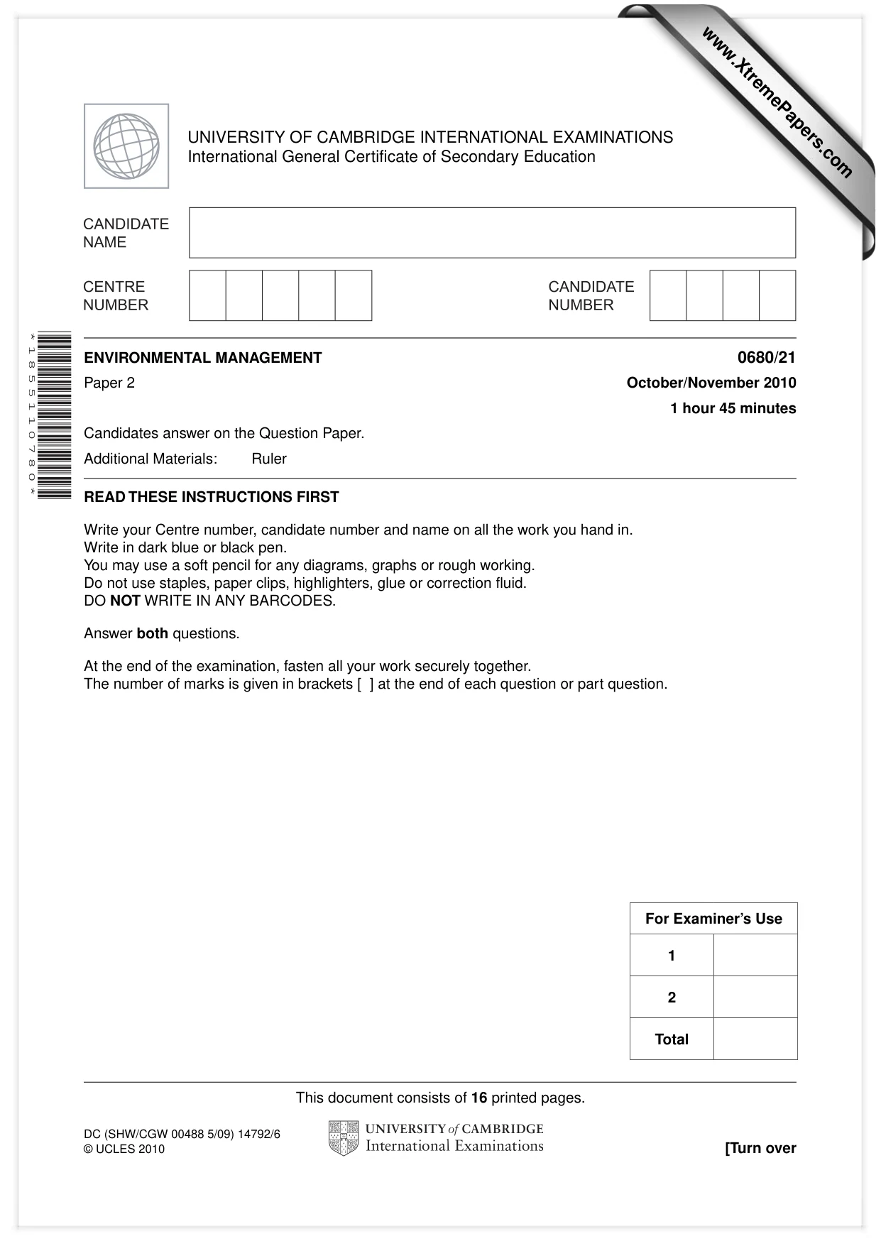 Cambridge IGCSE Environmental Management 0680 2010 Oct/Nov Paper 2 · Variant 1 question paper, page 1 of 16