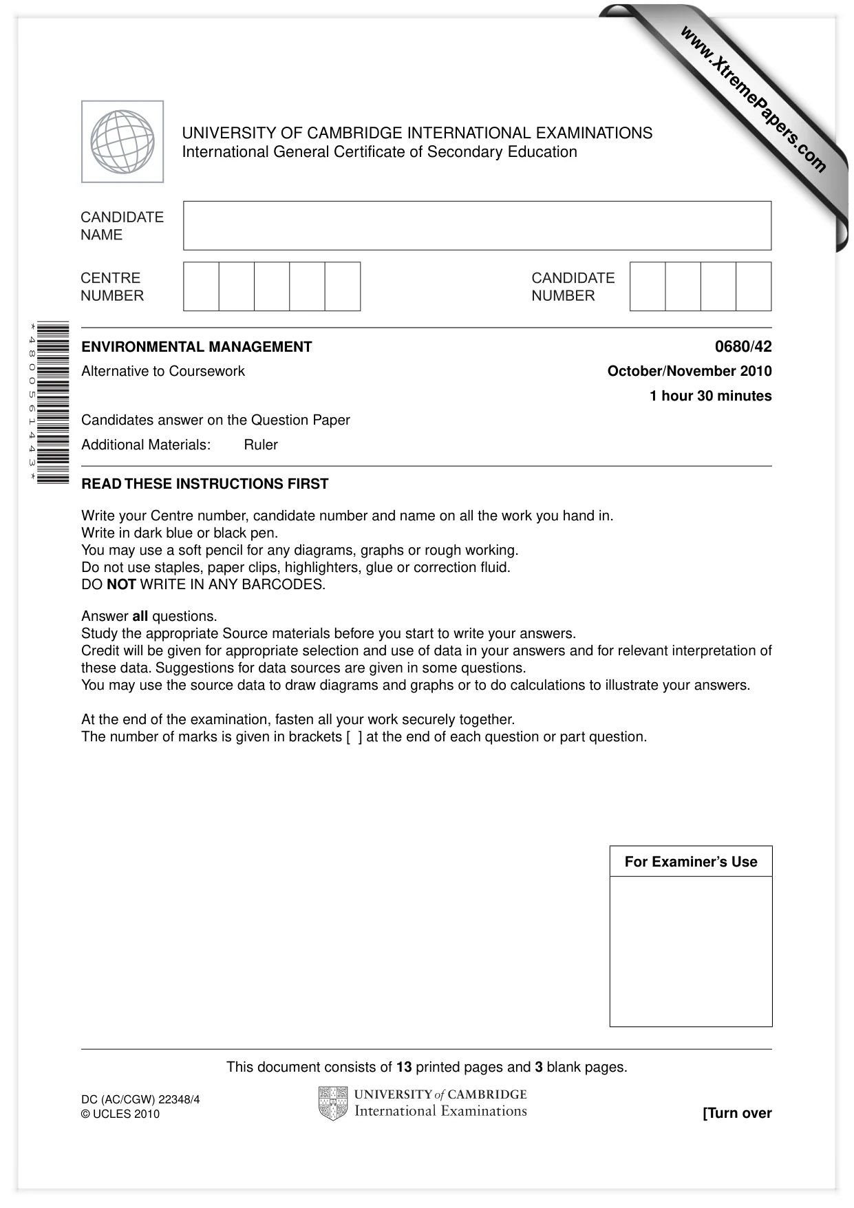 Cambridge IGCSE Environmental Management 0680 2010 Oct/Nov Paper 4 · Variant 2 question paper, page 1 of 16