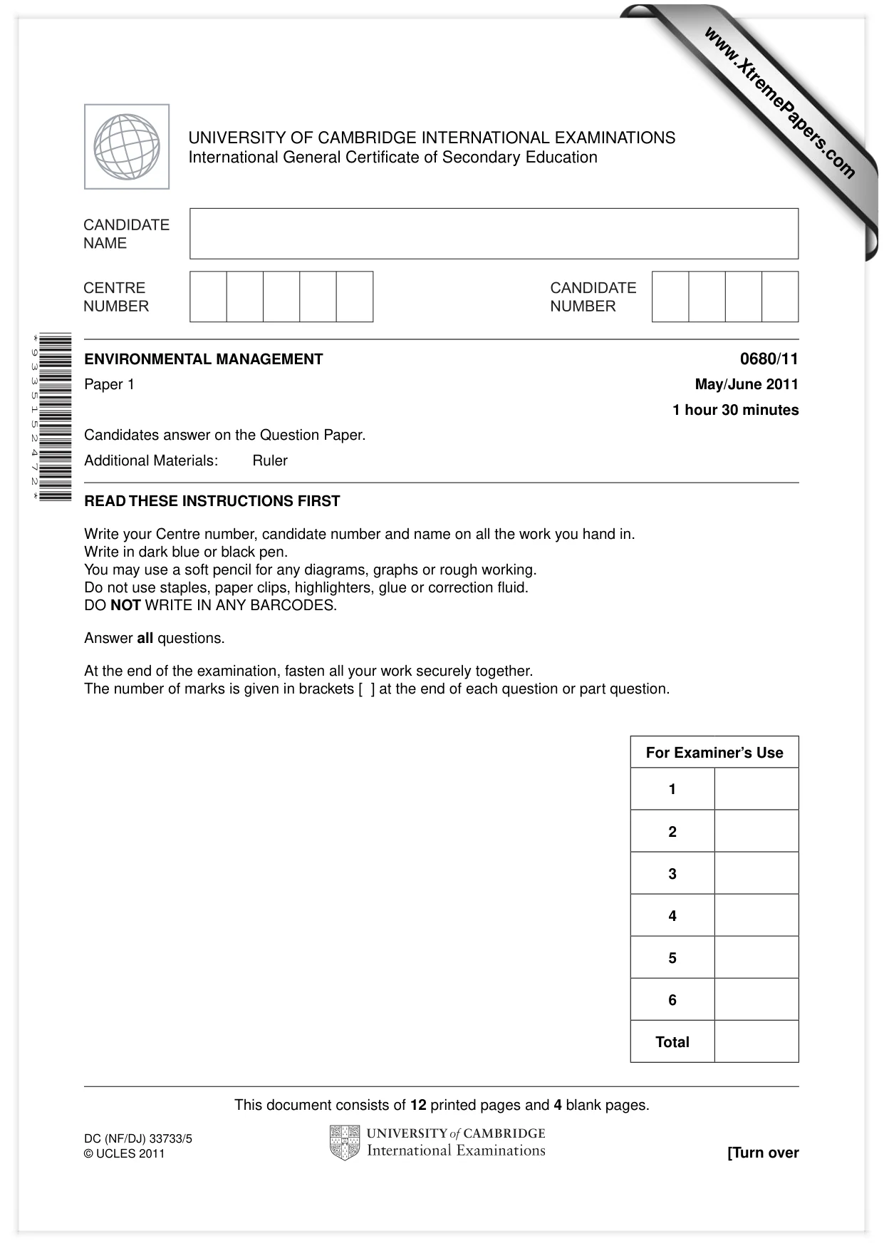Cambridge IGCSE Environmental Management 0680 2011 May/June Paper 1 · Variant 1 question paper, page 1 of 16