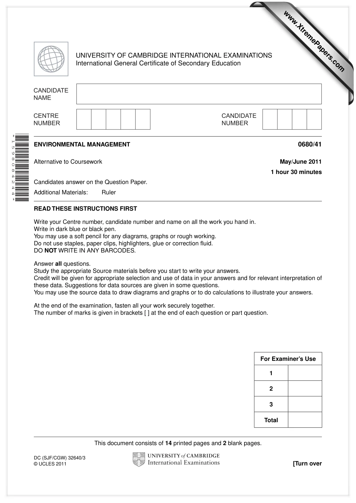 Cambridge IGCSE Environmental Management 0680 2011 May/June Paper 4 · Variant 1 question paper, page 1 of 16