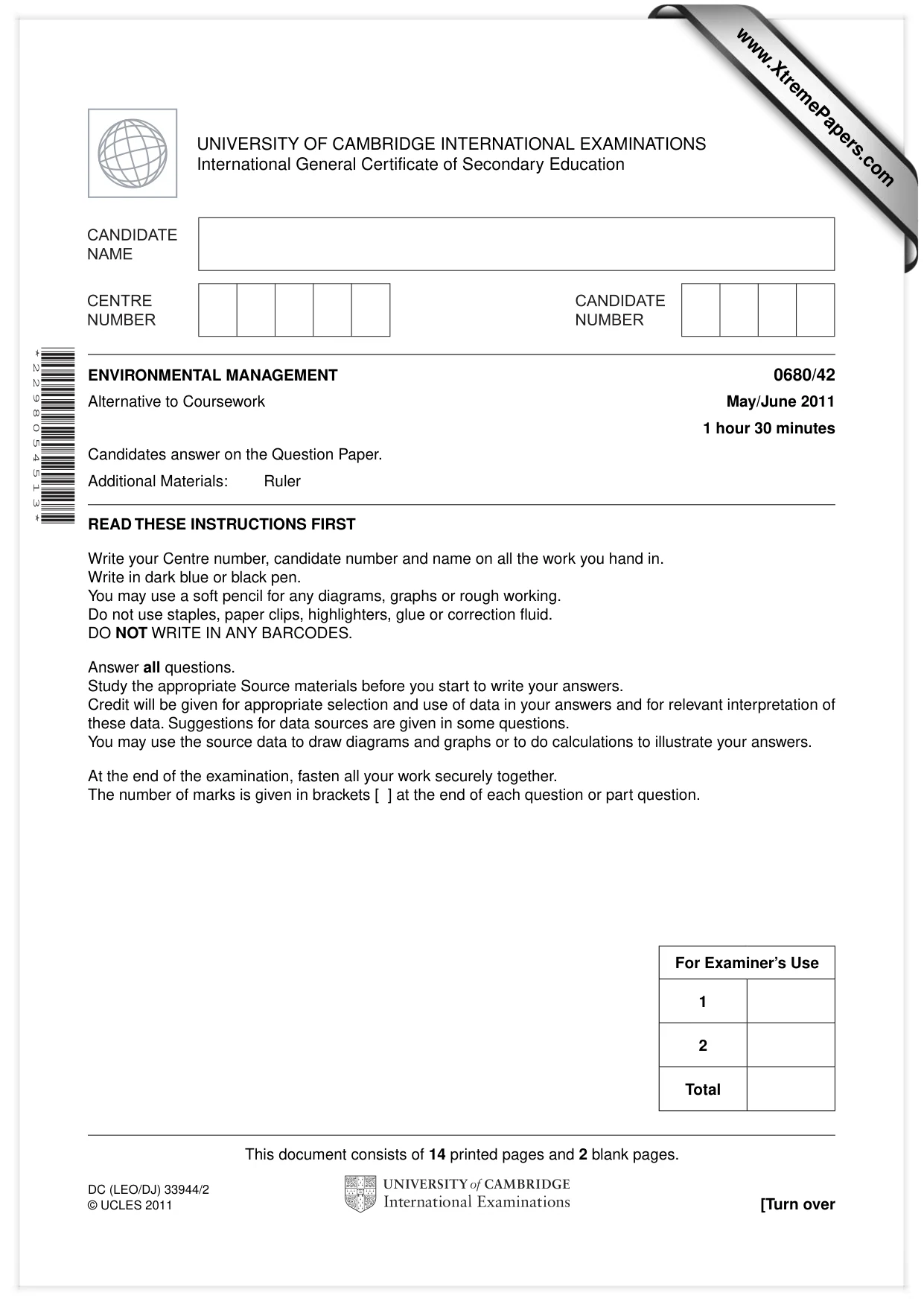 Cambridge IGCSE Environmental Management 0680 2011 May/June Paper 4 · Variant 2 question paper, page 1 of 16