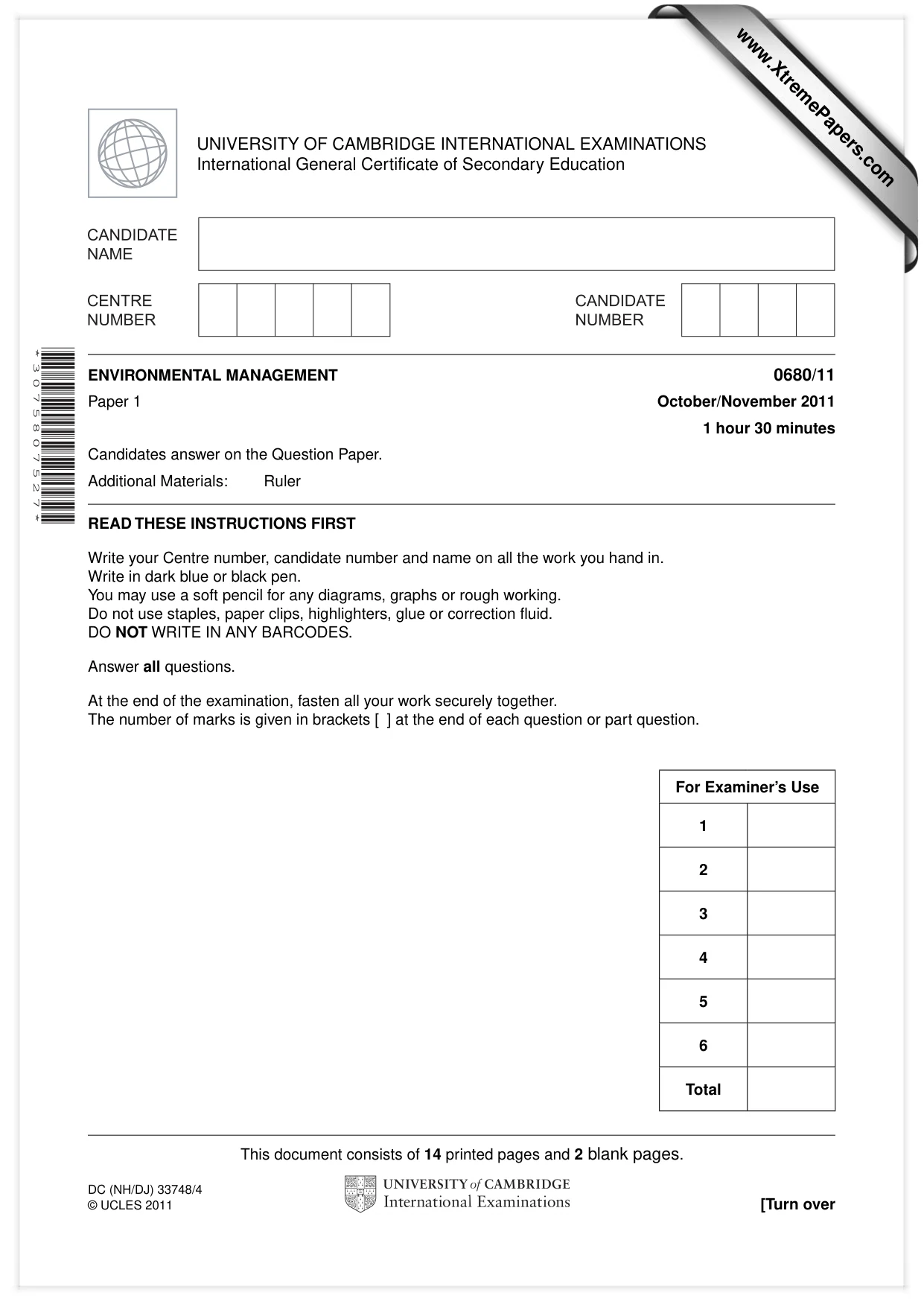 Cambridge IGCSE Environmental Management 0680 2011 Oct/Nov Paper 1 · Variant 1 question paper, page 1 of 16