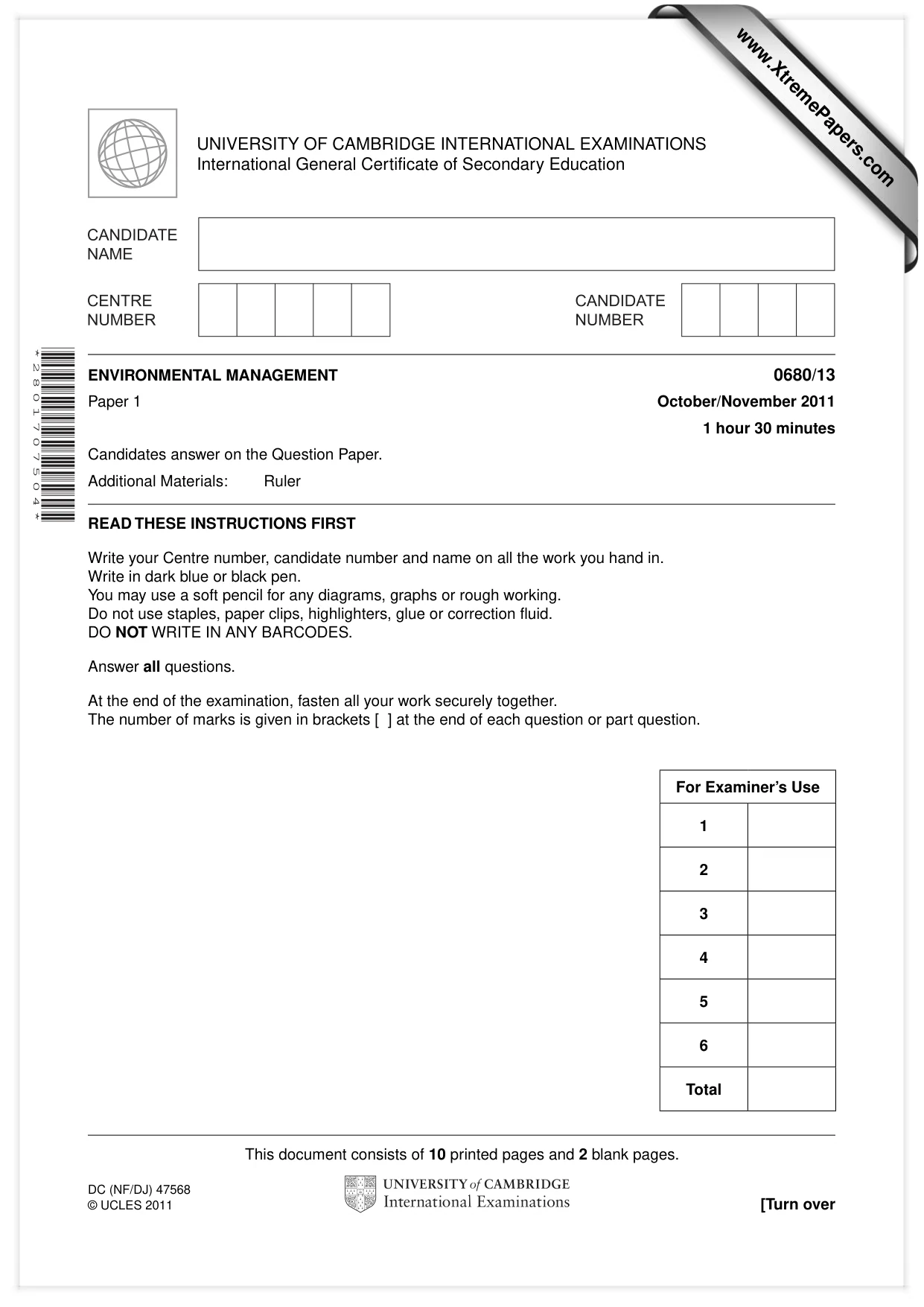 Cambridge IGCSE Environmental Management 0680 2011 Oct/Nov Paper 1 · Variant 3 question paper, page 1 of 12