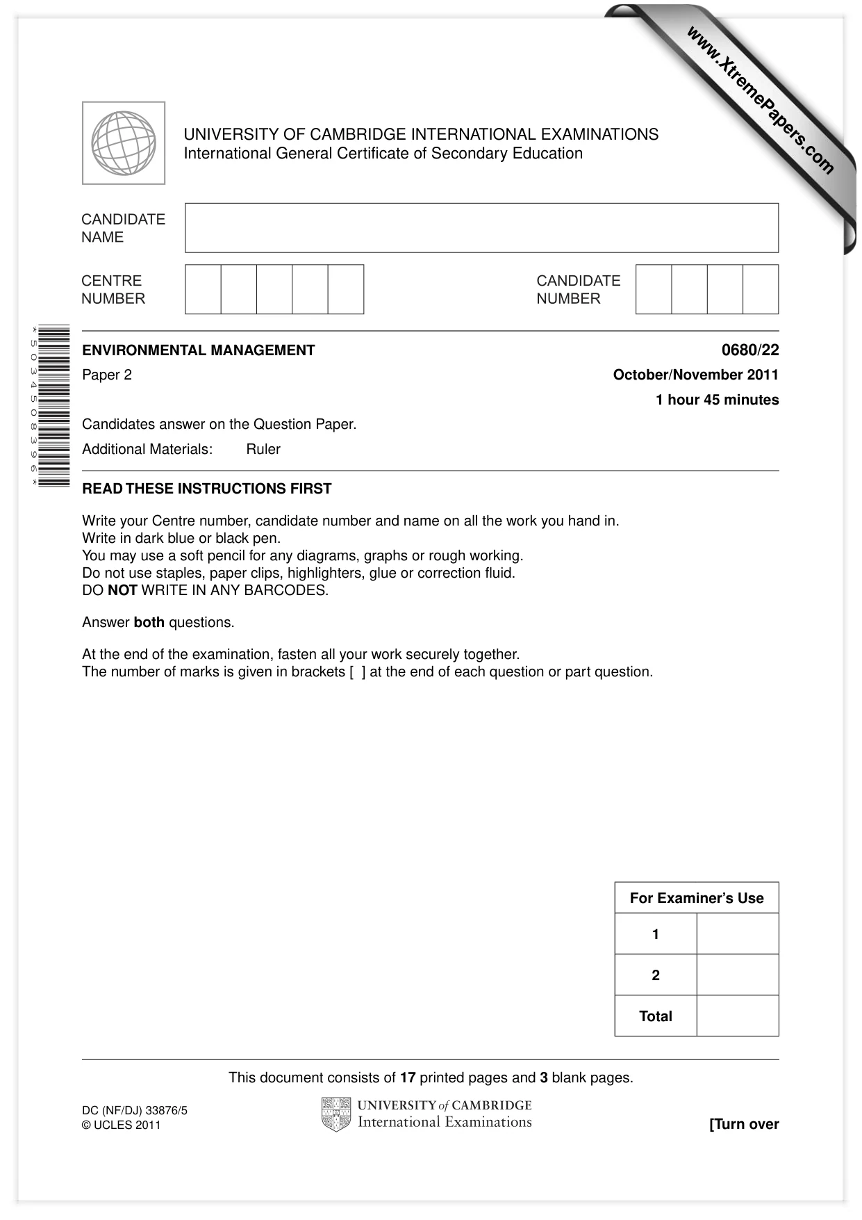 Cambridge IGCSE Environmental Management 0680 2011 Oct/Nov Paper 2 · Variant 2 question paper, page 1 of 20