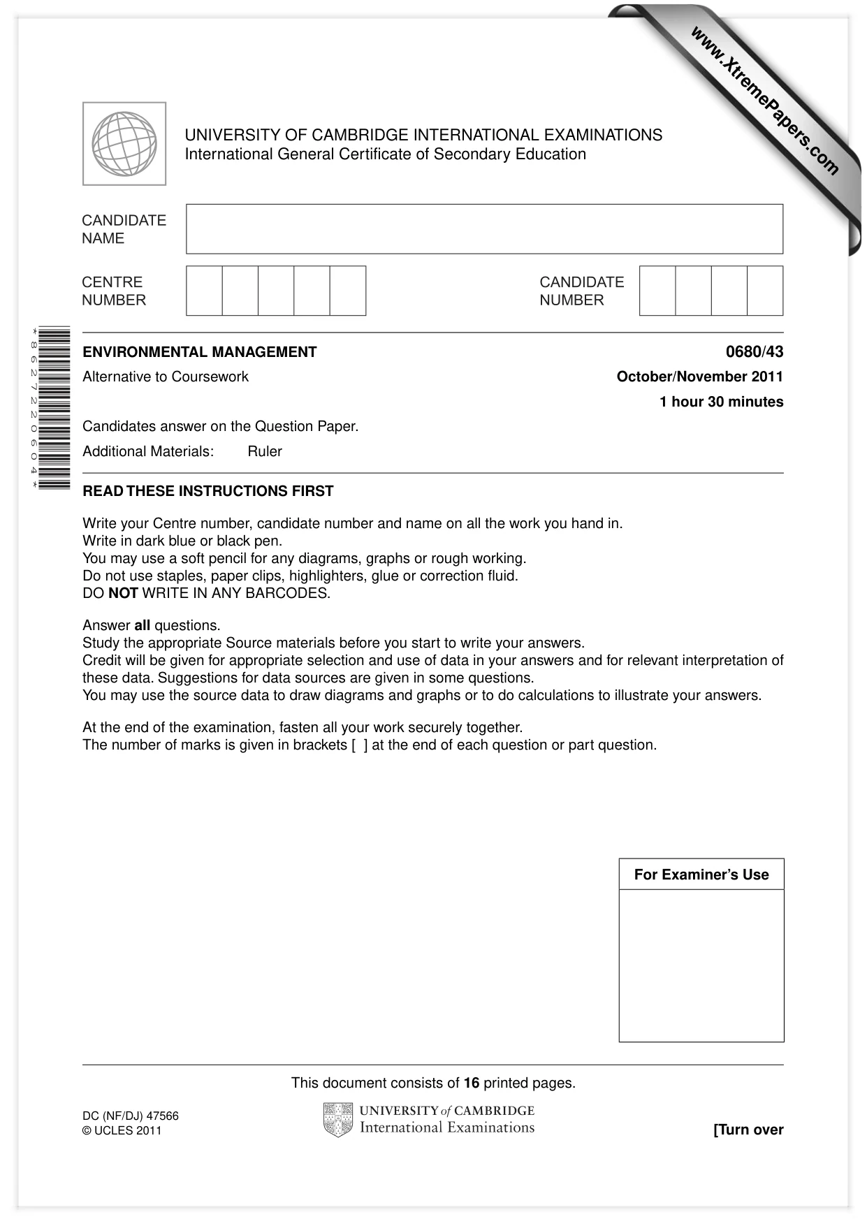 Cambridge IGCSE Environmental Management 0680 2011 Oct/Nov Paper 4 · Variant 3 question paper, page 1 of 16