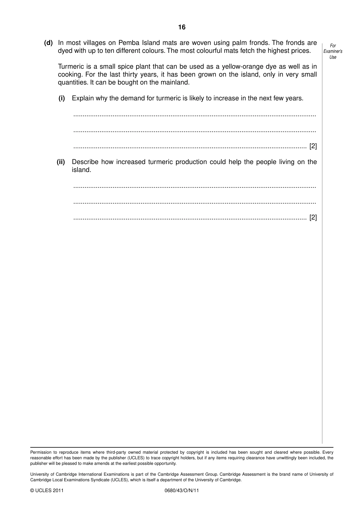 Cambridge IGCSE Environmental Management 0680 2011 Oct/Nov Paper 4 · Variant 3 question paper, page 16 of 16