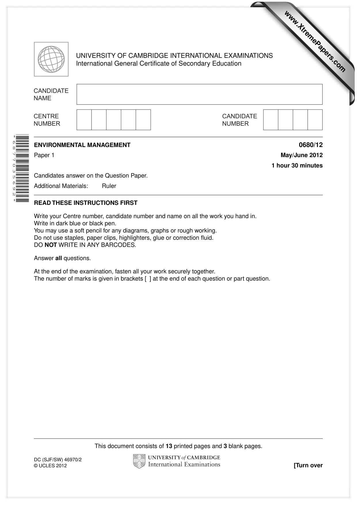 Cambridge IGCSE Environmental Management 0680 2012 May/June Paper 1 · Variant 2 question paper, page 1 of 16