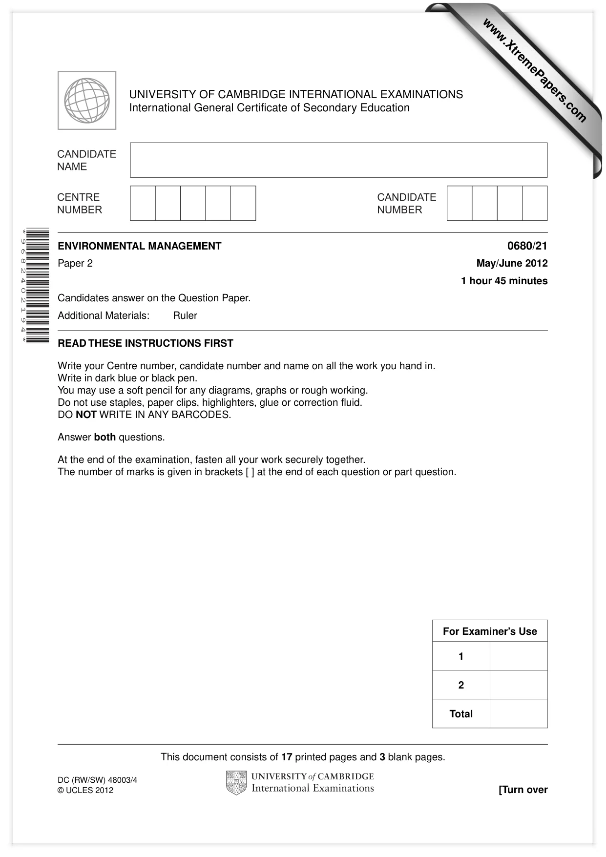 Cambridge IGCSE Environmental Management 0680 2012 May/June Paper 2 · Variant 1 question paper, page 1 of 20