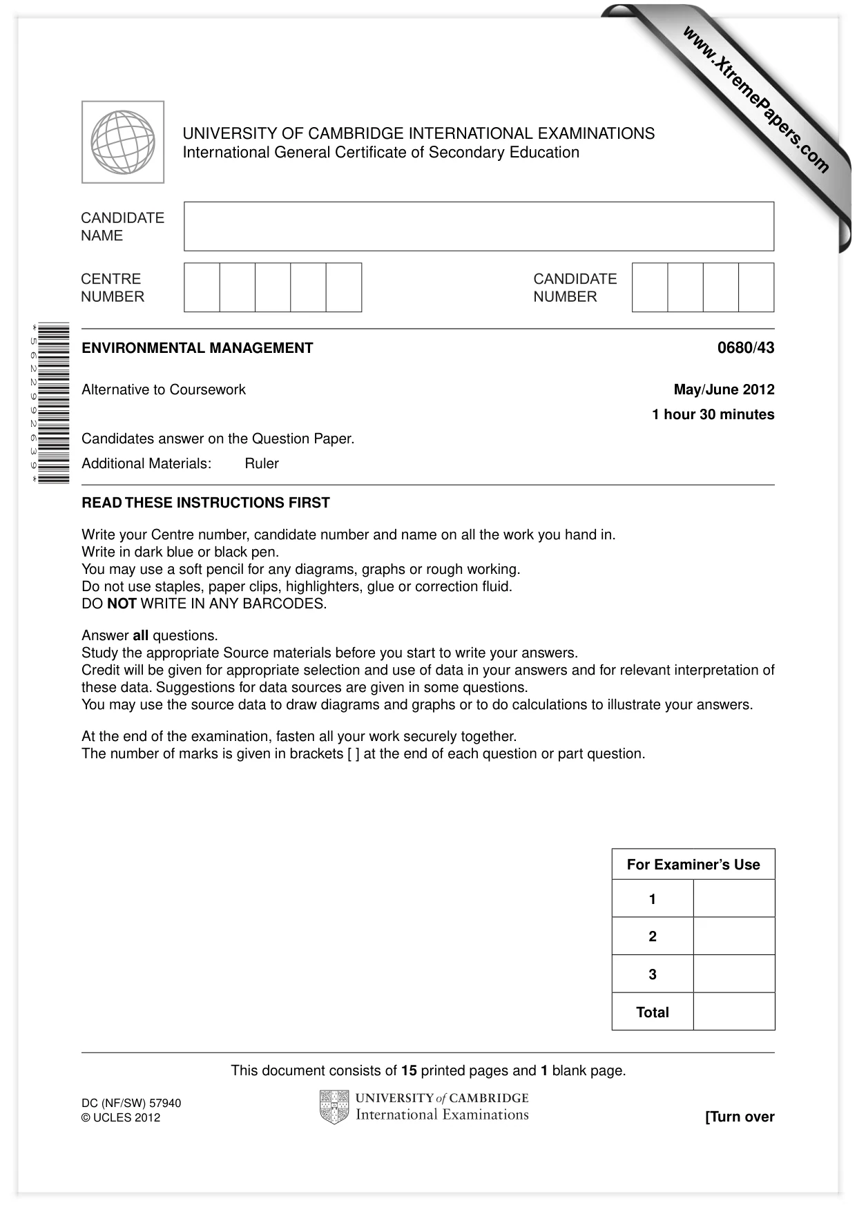 Cambridge IGCSE Environmental Management 0680 2012 May/June Paper 4 · Variant 3 question paper, page 1 of 16
