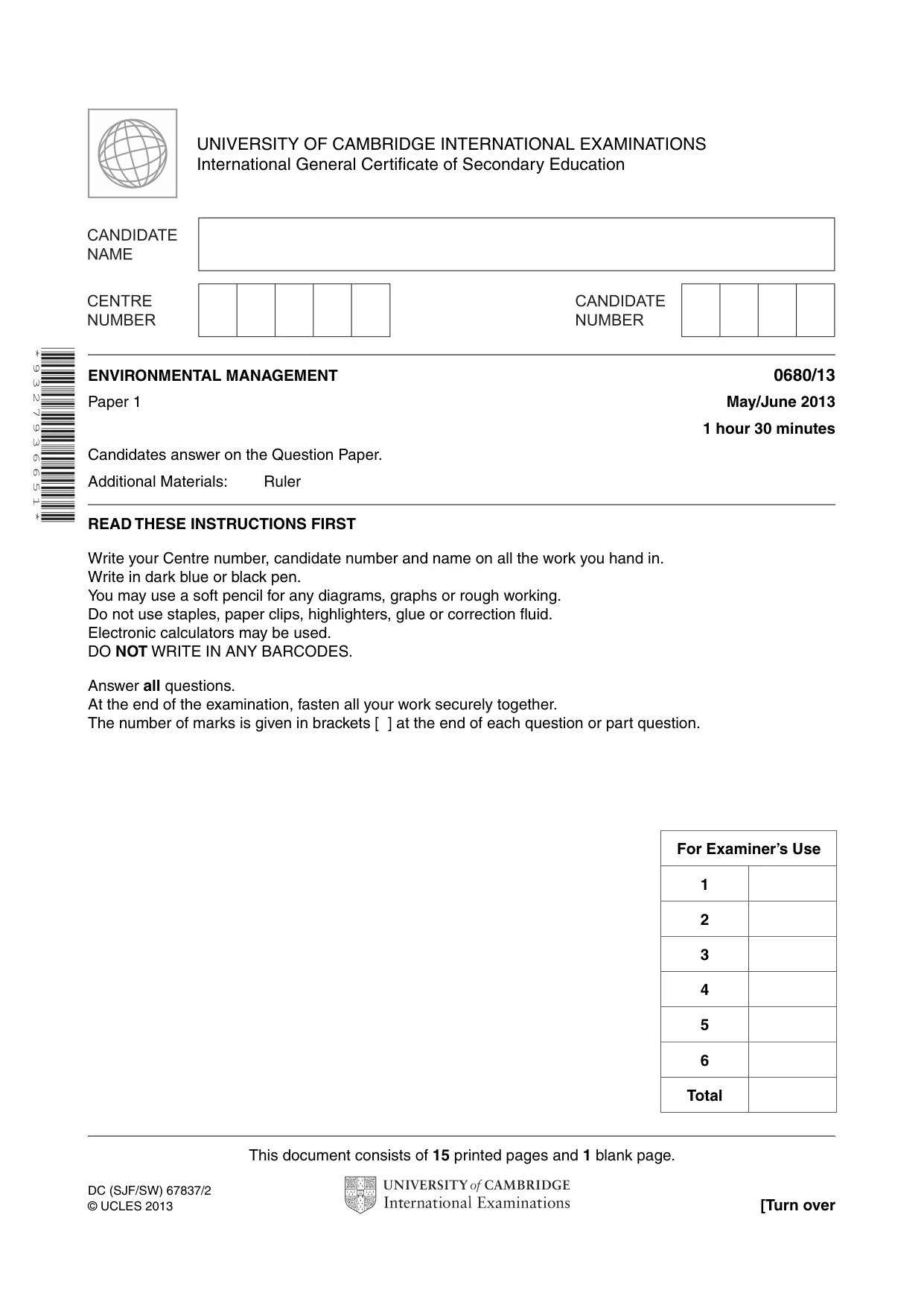 Cambridge IGCSE Environmental Management 0680 2013 May/June Paper 1 · Variant 3 question paper, page 1 of 16
