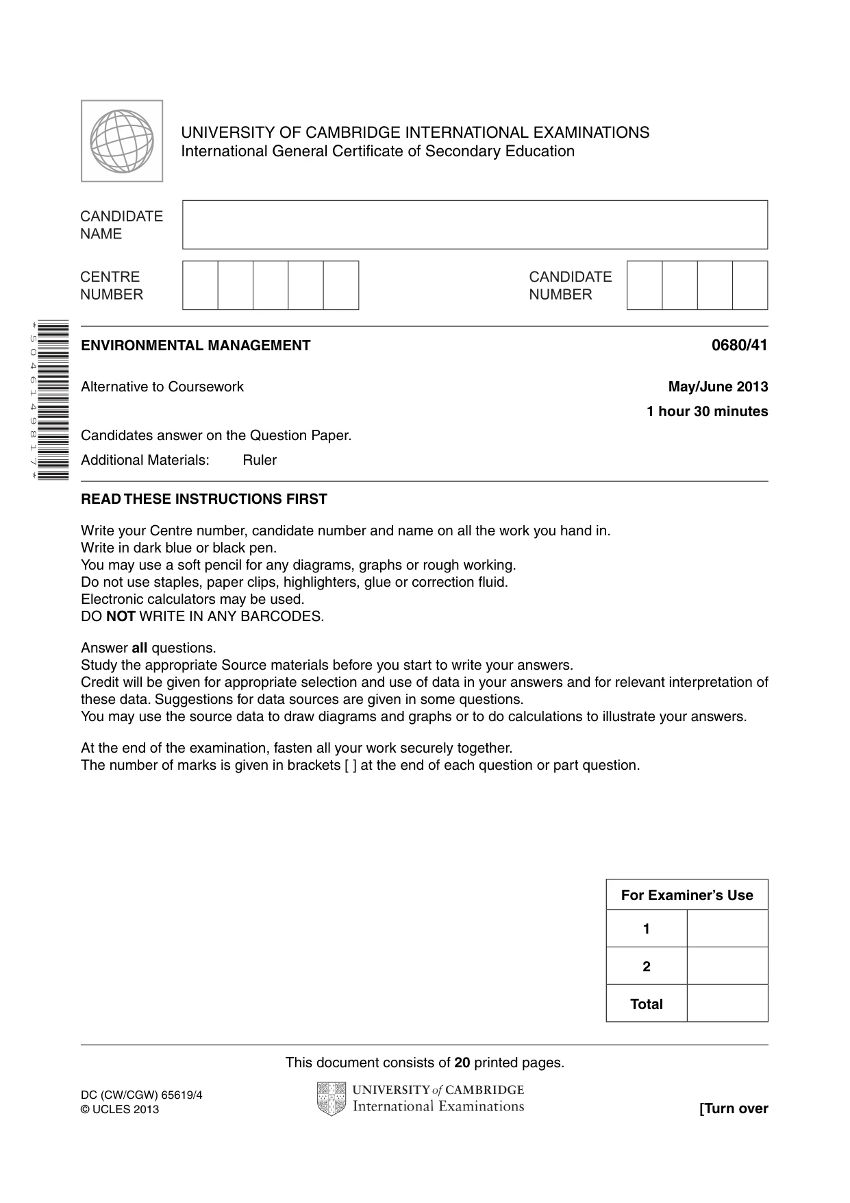 Cambridge IGCSE Environmental Management 0680 2013 May/June Paper 4 · Variant 1 question paper, page 1 of 20