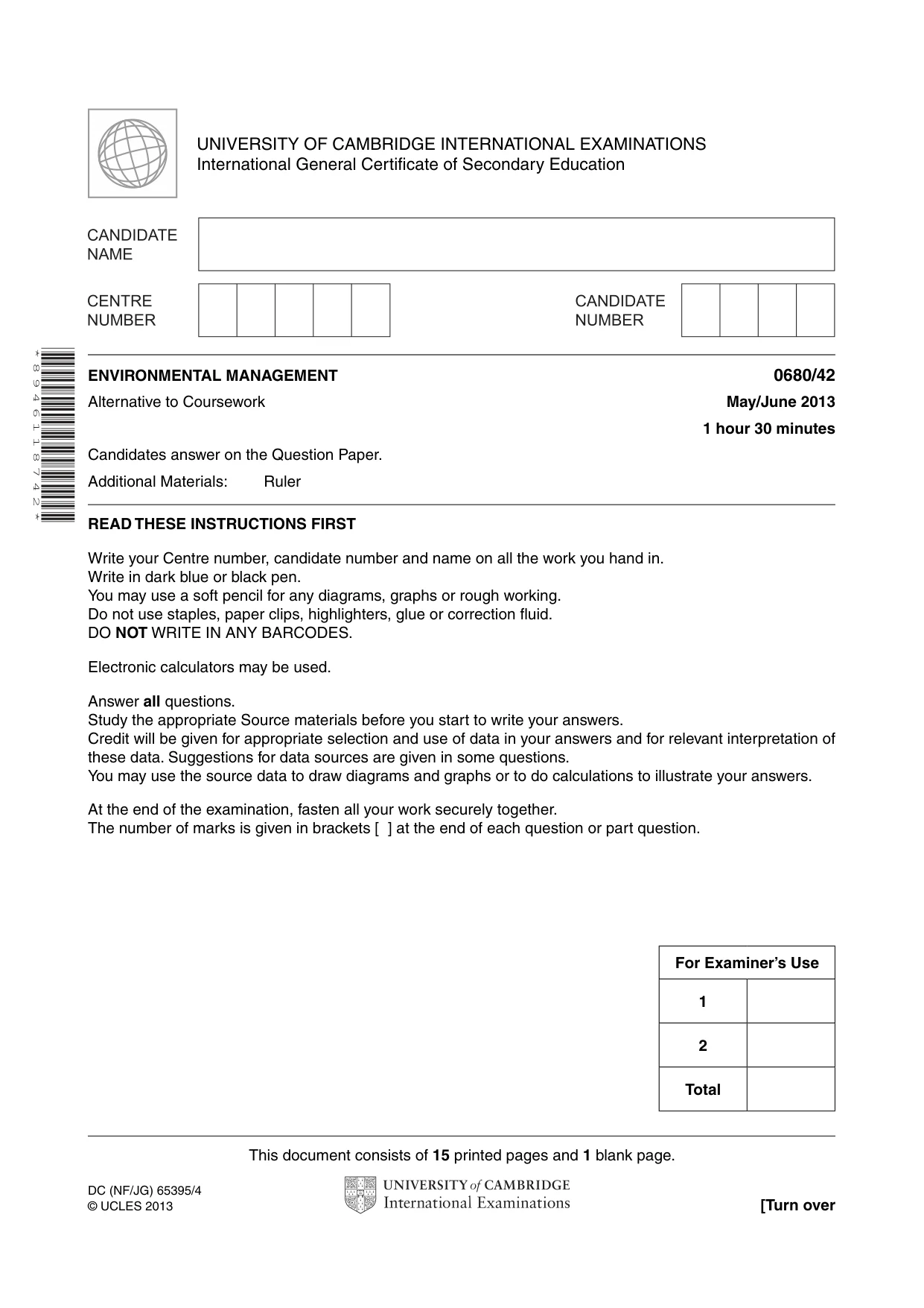 Cambridge IGCSE Environmental Management 0680 2013 May/June Paper 4 · Variant 2 question paper, page 1 of 16
