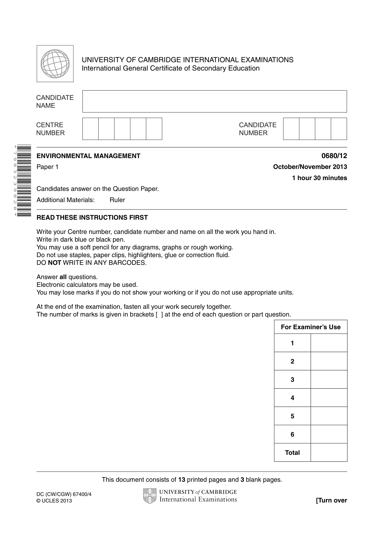 Cambridge IGCSE Environmental Management 0680 2013 Oct/Nov Paper 1 · Variant 2 question paper, page 1 of 16