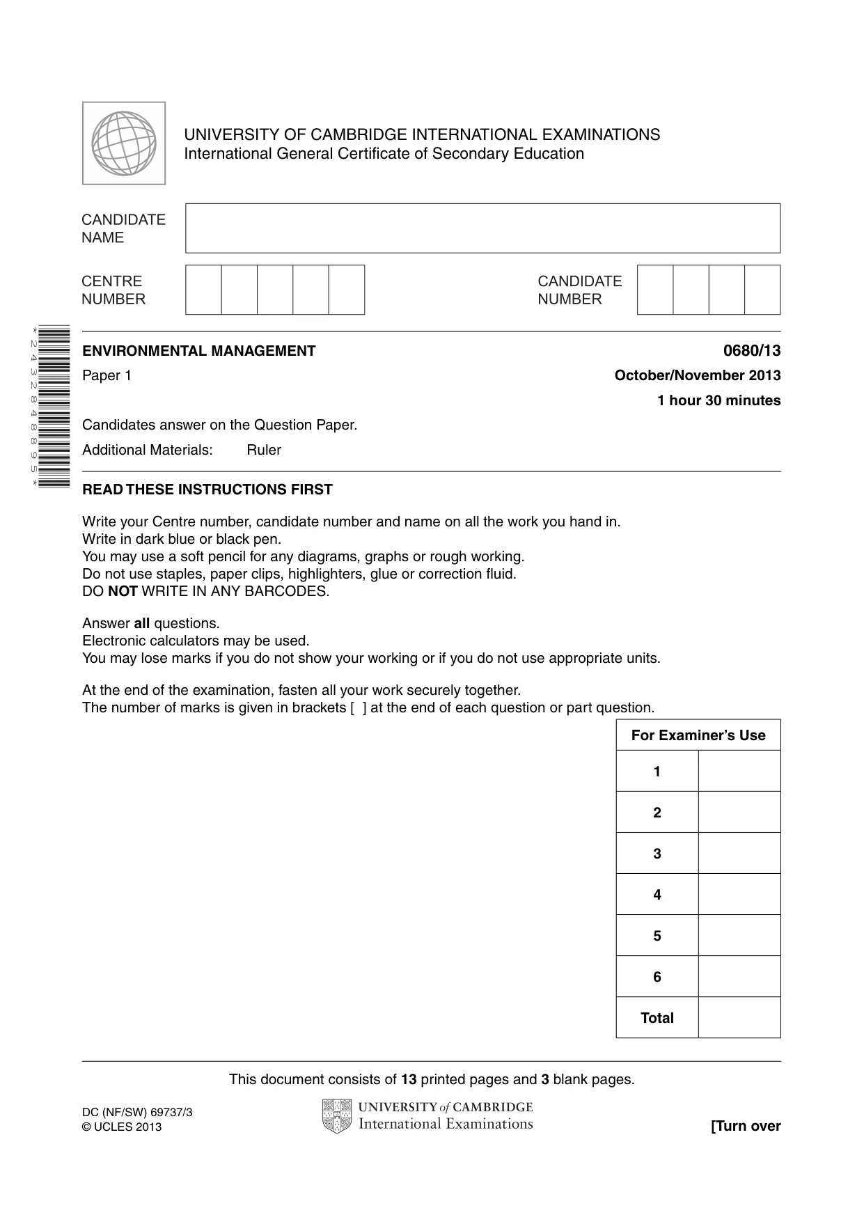 Cambridge IGCSE Environmental Management 0680 2013 Oct/Nov Paper 1 · Variant 3 question paper, page 1 of 16