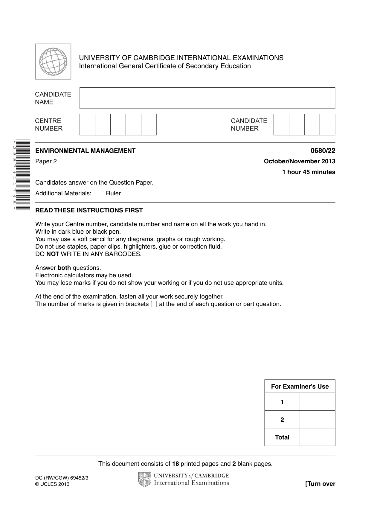 Cambridge IGCSE Environmental Management 0680 2013 Oct/Nov Paper 2 · Variant 2 question paper, page 1 of 20