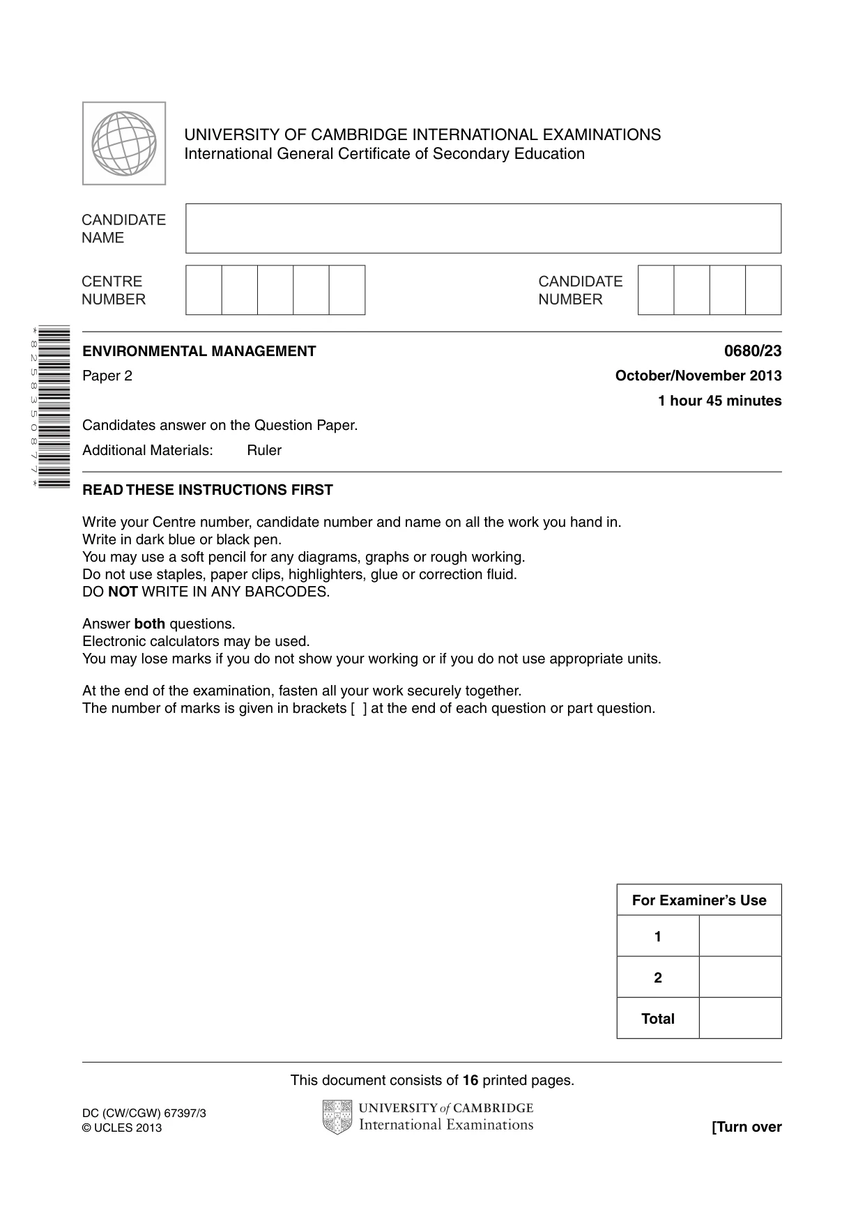 Cambridge IGCSE Environmental Management 0680 2013 Oct/Nov Paper 2 · Variant 3 question paper, page 1 of 16