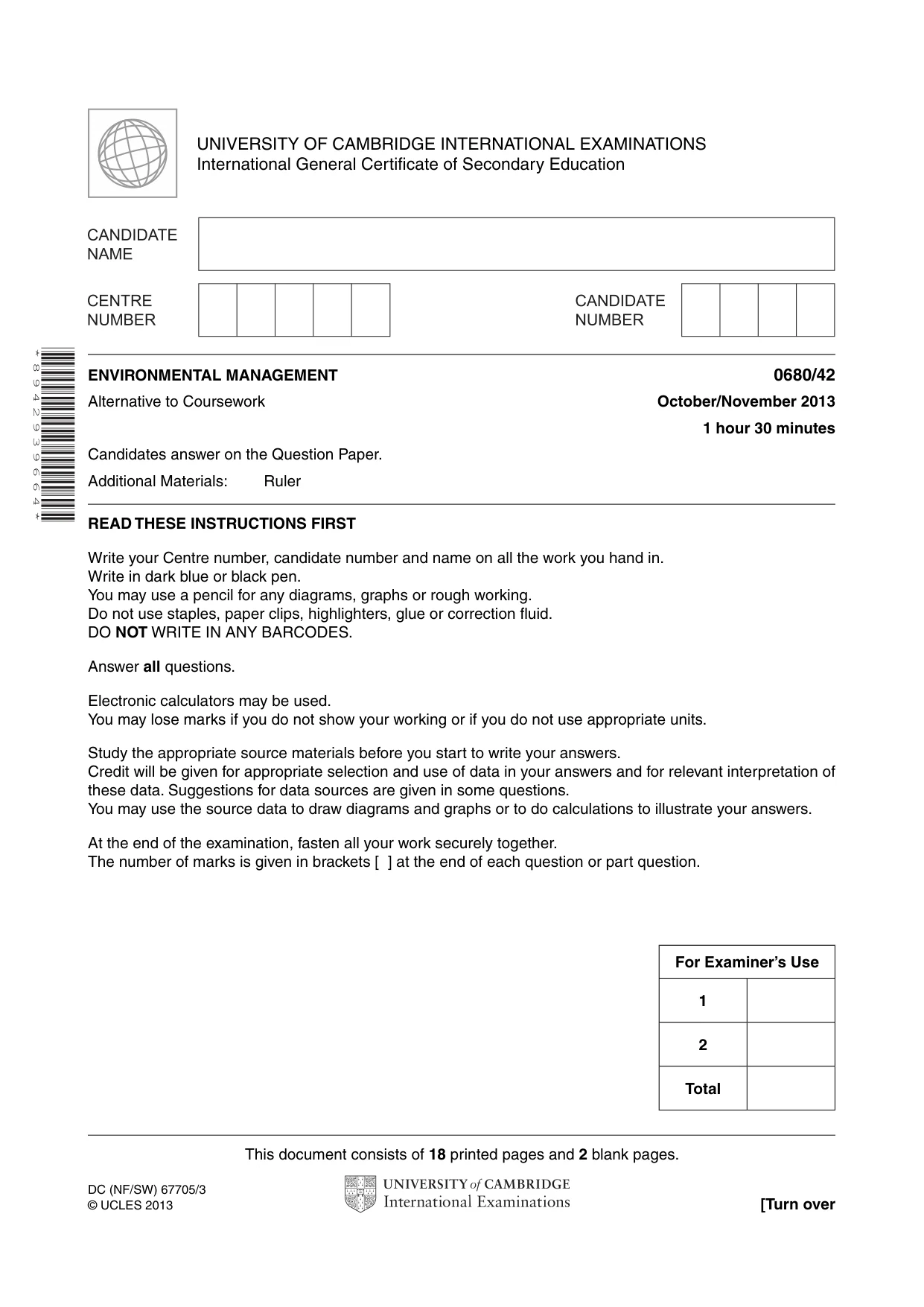Cambridge IGCSE Environmental Management 0680 2013 Oct/Nov Paper 4 · Variant 2 question paper, page 1 of 20