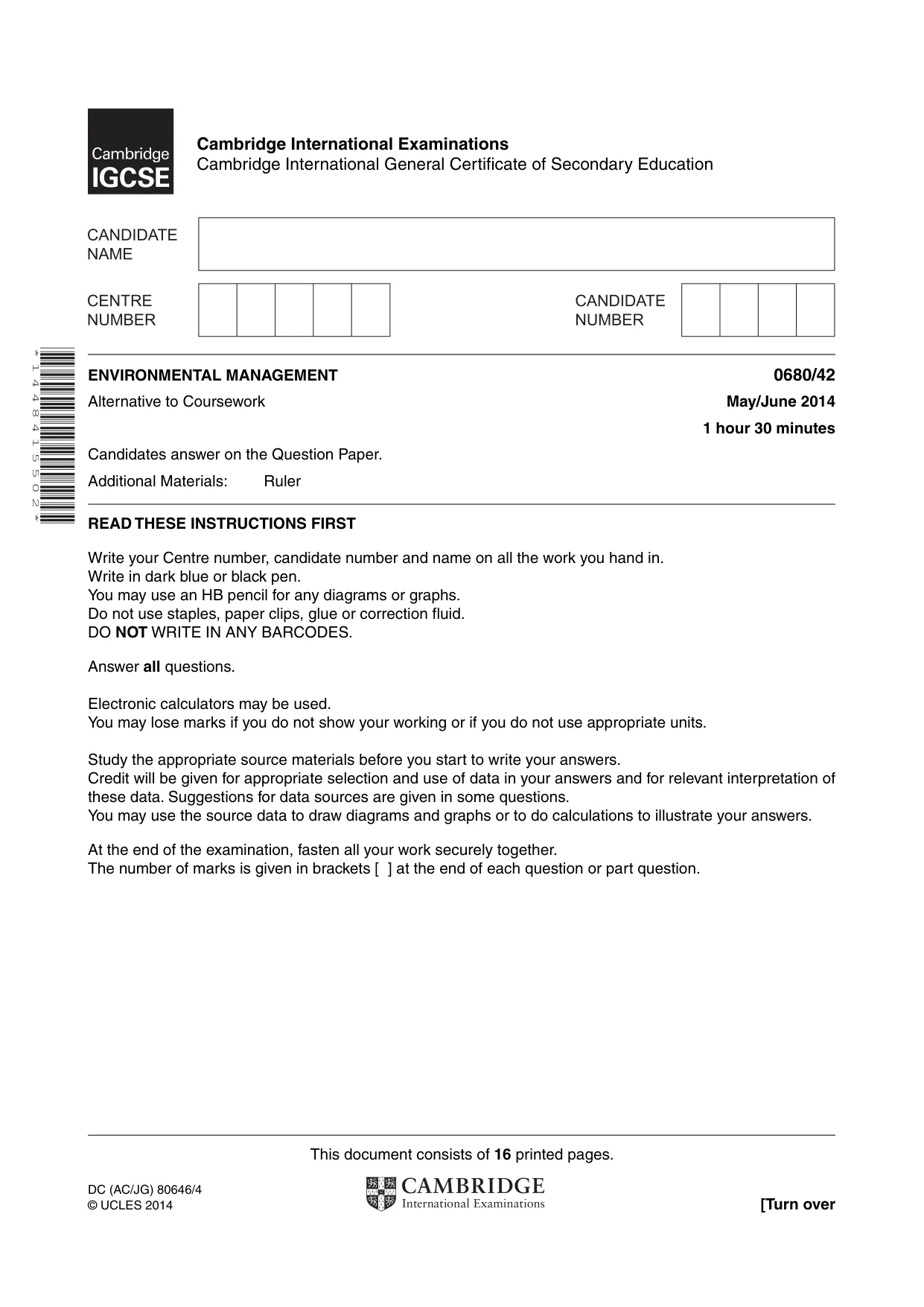 Cambridge IGCSE Environmental Management 0680 2014 May/June Paper 4 · Variant 2 question paper, page 1 of 16