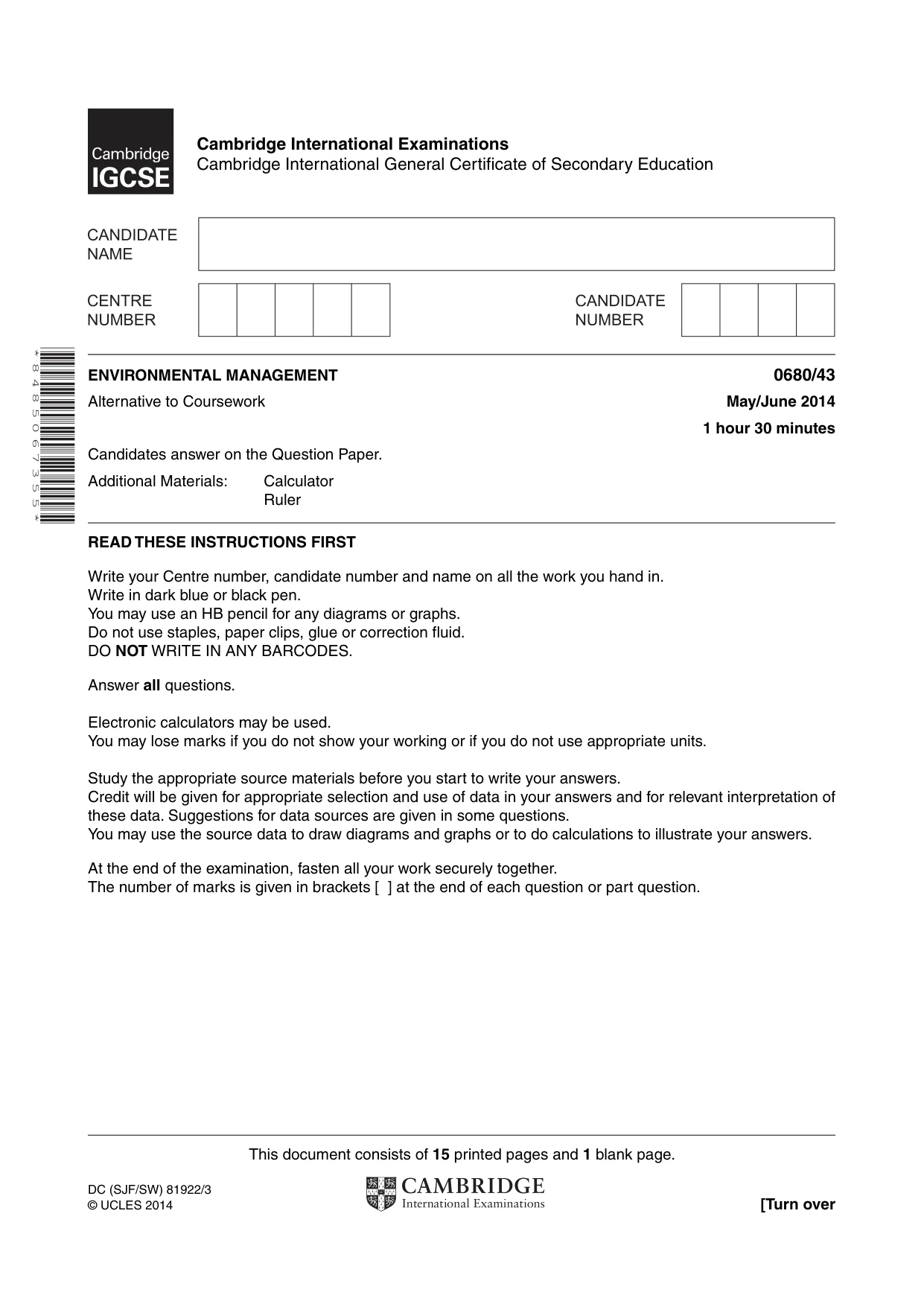 Cambridge IGCSE Environmental Management 0680 2014 May/June Paper 4 · Variant 3 question paper, page 1 of 16