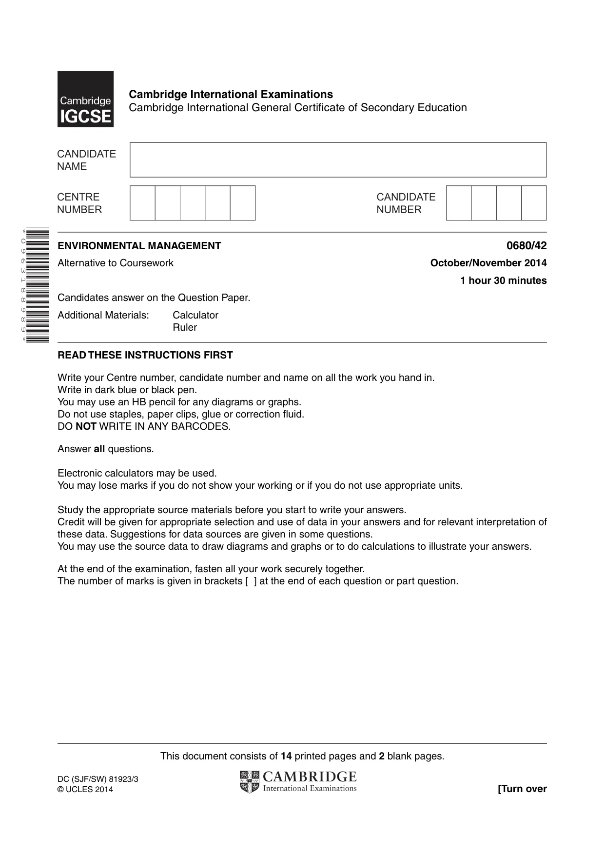 Cambridge IGCSE Environmental Management 0680 2014 Oct/Nov Paper 4 · Variant 2 question paper, page 1 of 16