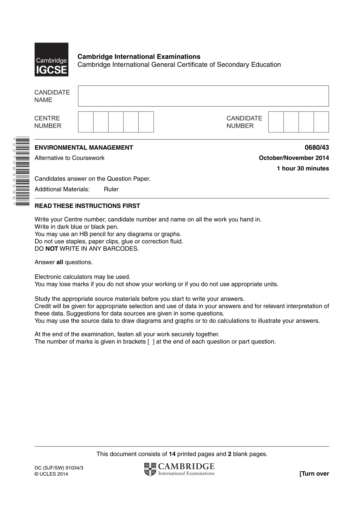 Cambridge IGCSE Environmental Management 0680 2014 Oct/Nov Paper 4 · Variant 3 question paper, page 1 of 16