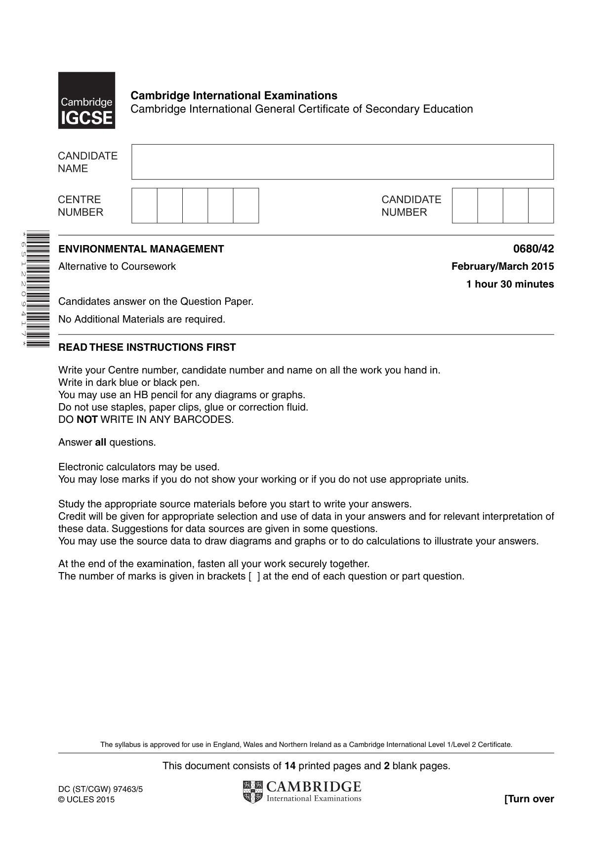 Cambridge IGCSE Environmental Management 0680 2015 Feb/March Paper 4 · Variant 2 question paper, page 1 of 16