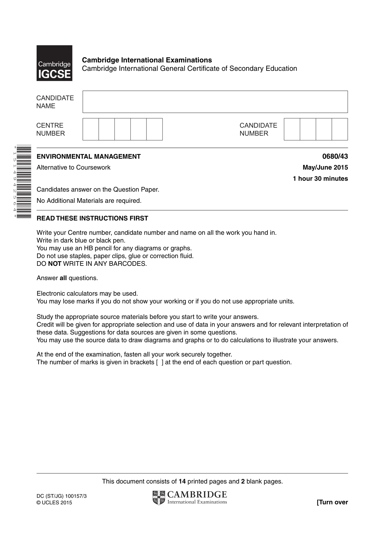 Cambridge IGCSE Environmental Management 0680 2015 May/June Paper 4 · Variant 3 question paper, page 1 of 16