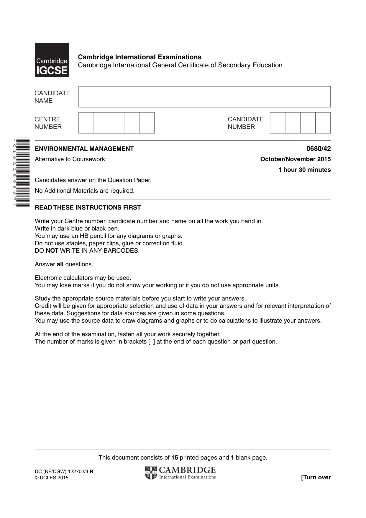 Cambridge IGCSE Environmental Management 0680 2015 Oct/Nov Paper 4 · Variant 2 question paper, page 1 of 16