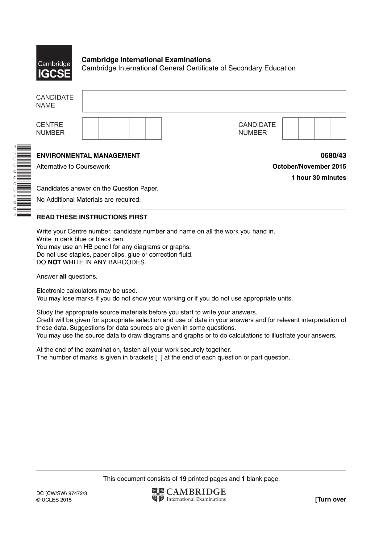 Cambridge IGCSE Environmental Management 0680 2015 Oct/Nov Paper 4 · Variant 3 question paper, page 1 of 20