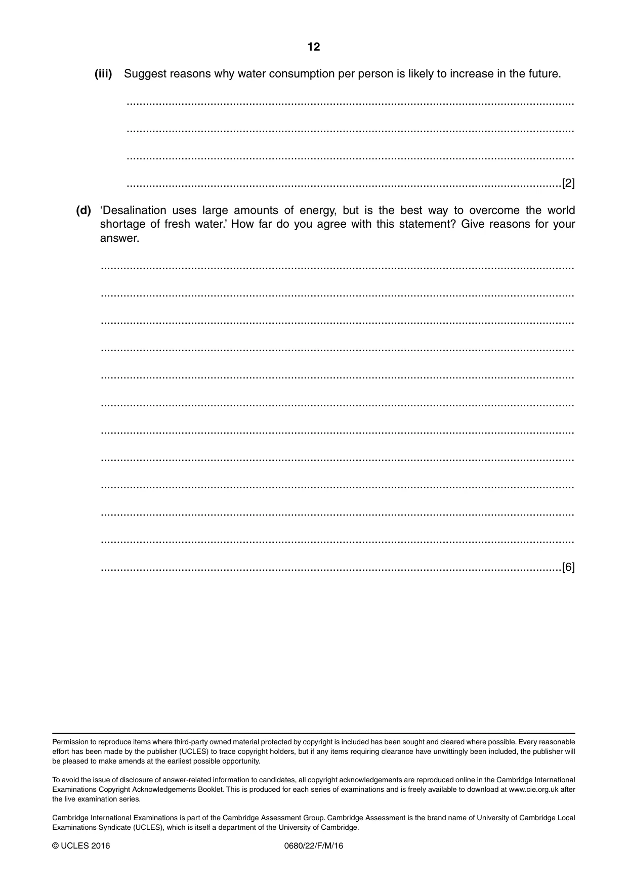 Cambridge IGCSE Environmental Management 0680 2016 Feb/March Paper 2 · Variant 2 question paper, page 12 of 12