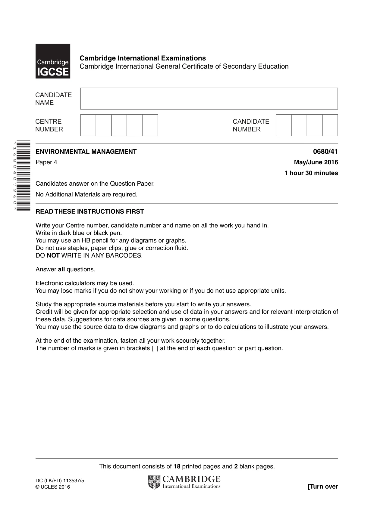 Cambridge IGCSE Environmental Management 0680 2016 May/June Paper 4 · Variant 1 question paper, page 1 of 20