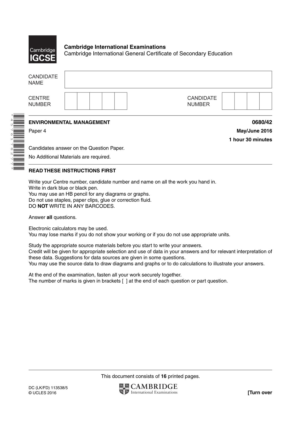 Cambridge IGCSE Environmental Management 0680 2016 May/June Paper 4 · Variant 2 question paper, page 1 of 16
