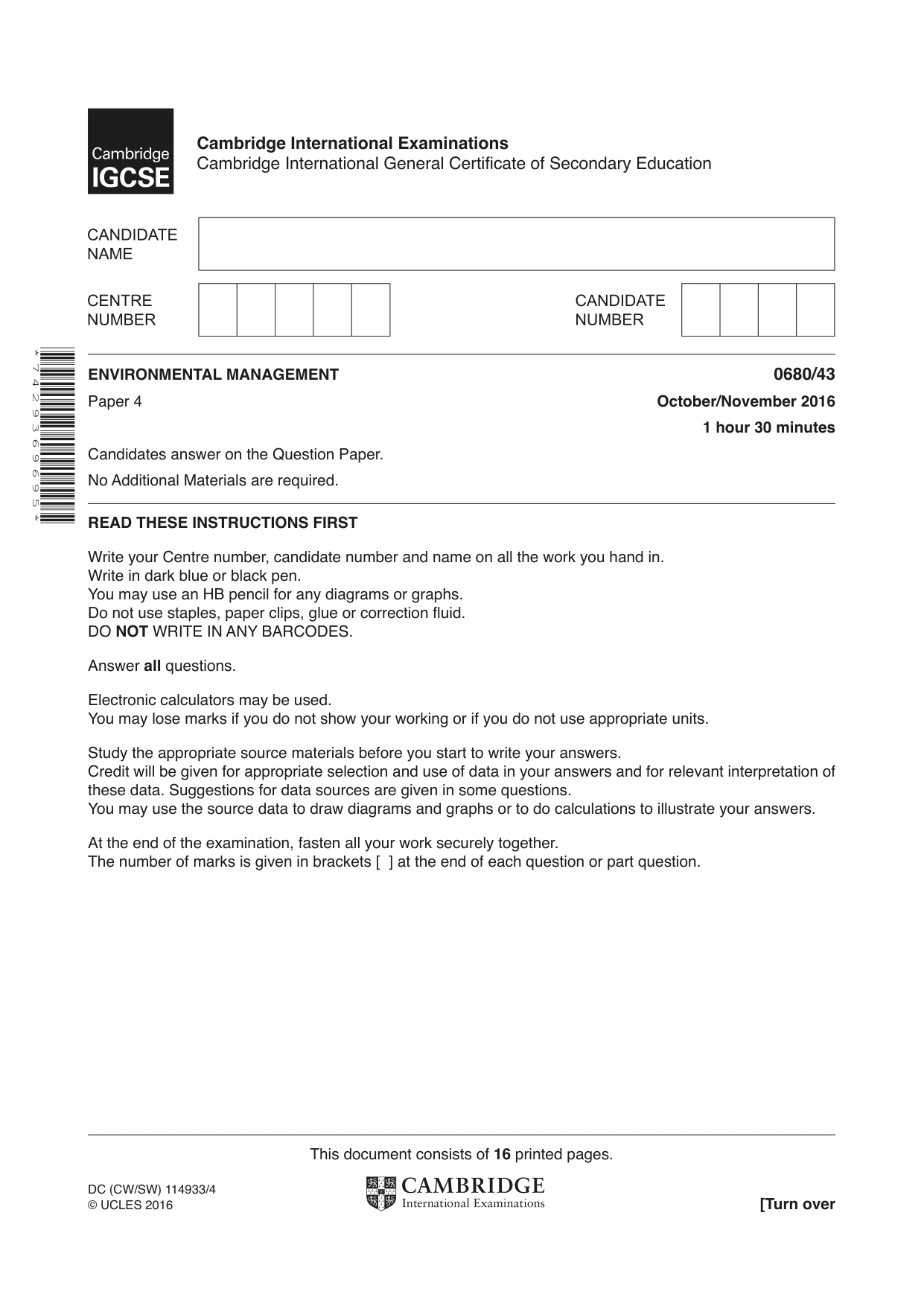 Cambridge IGCSE Environmental Management 0680 2016 Oct/Nov Paper 4 · Variant 3 question paper, page 1 of 16