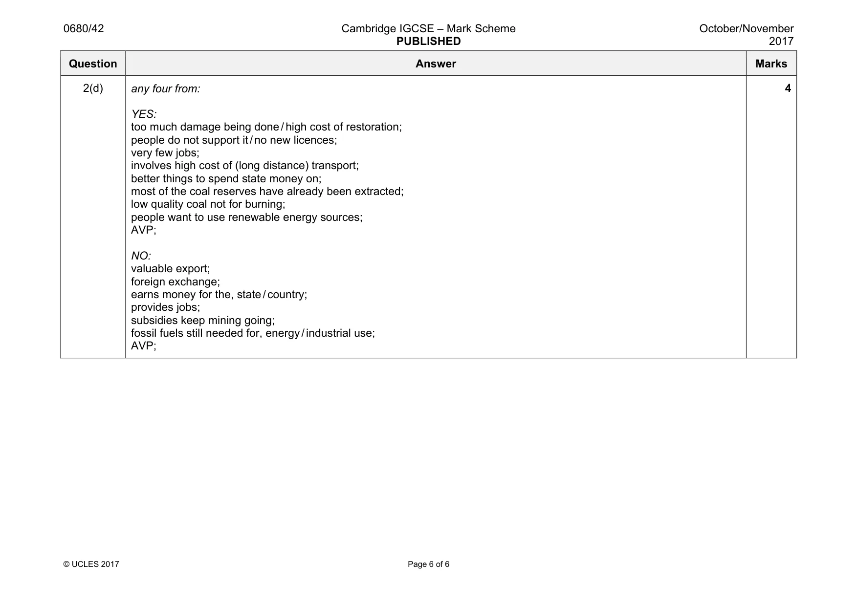 Mark scheme, page 6 of 6