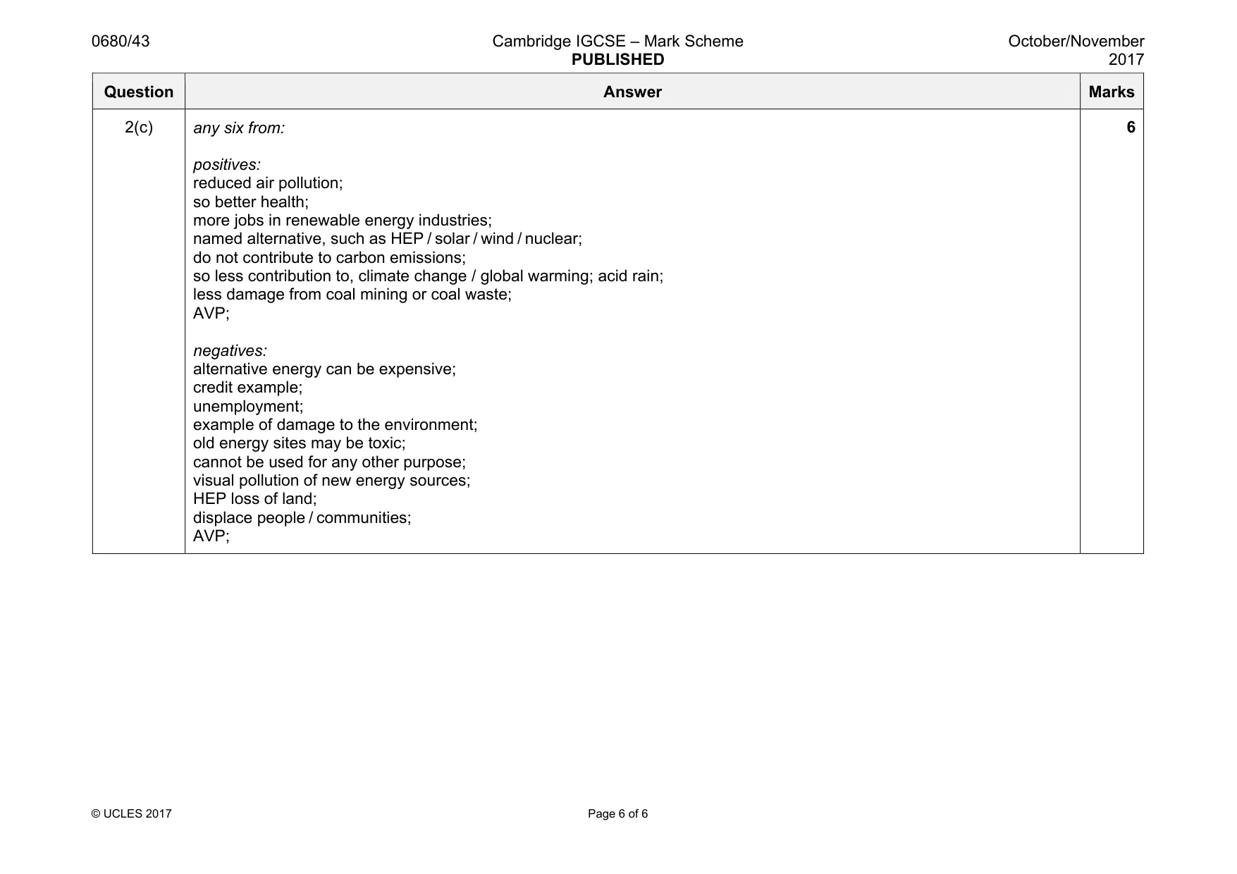 Mark scheme, page 6 of 6