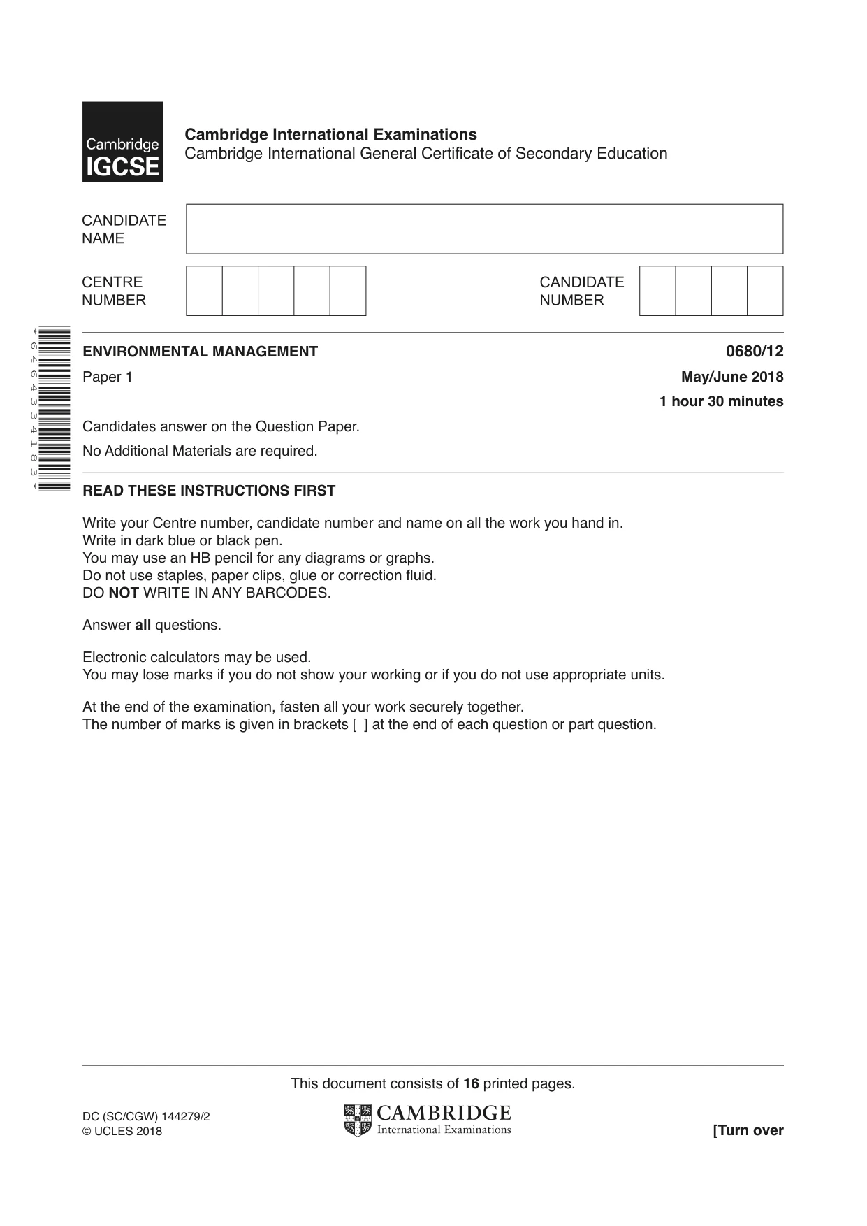 Cambridge IGCSE Environmental Management 0680 2018 May/June Paper 1 · Variant 2 question paper, page 1 of 16