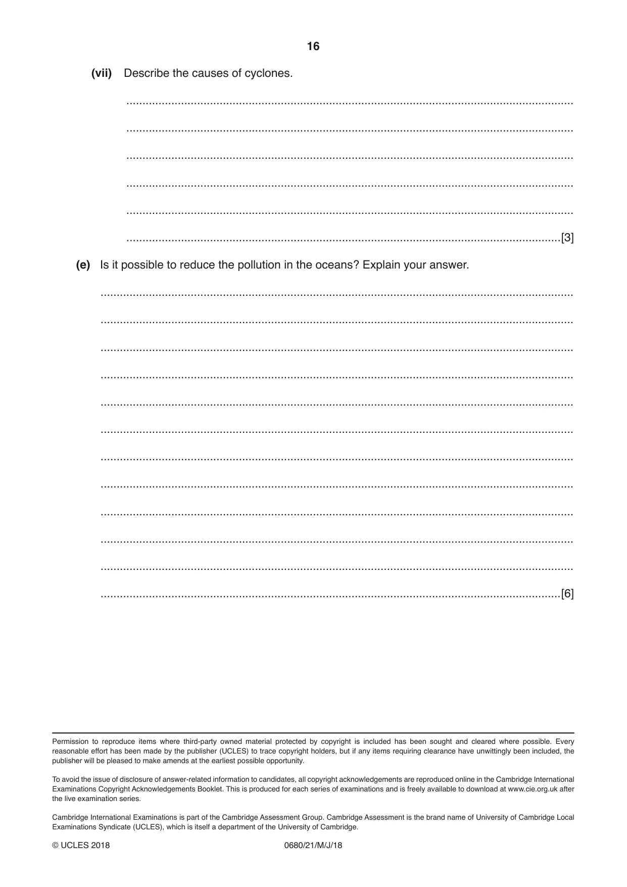 Cambridge IGCSE Environmental Management 0680 2018 May/June Paper 2 · Variant 1 question paper, page 16 of 16