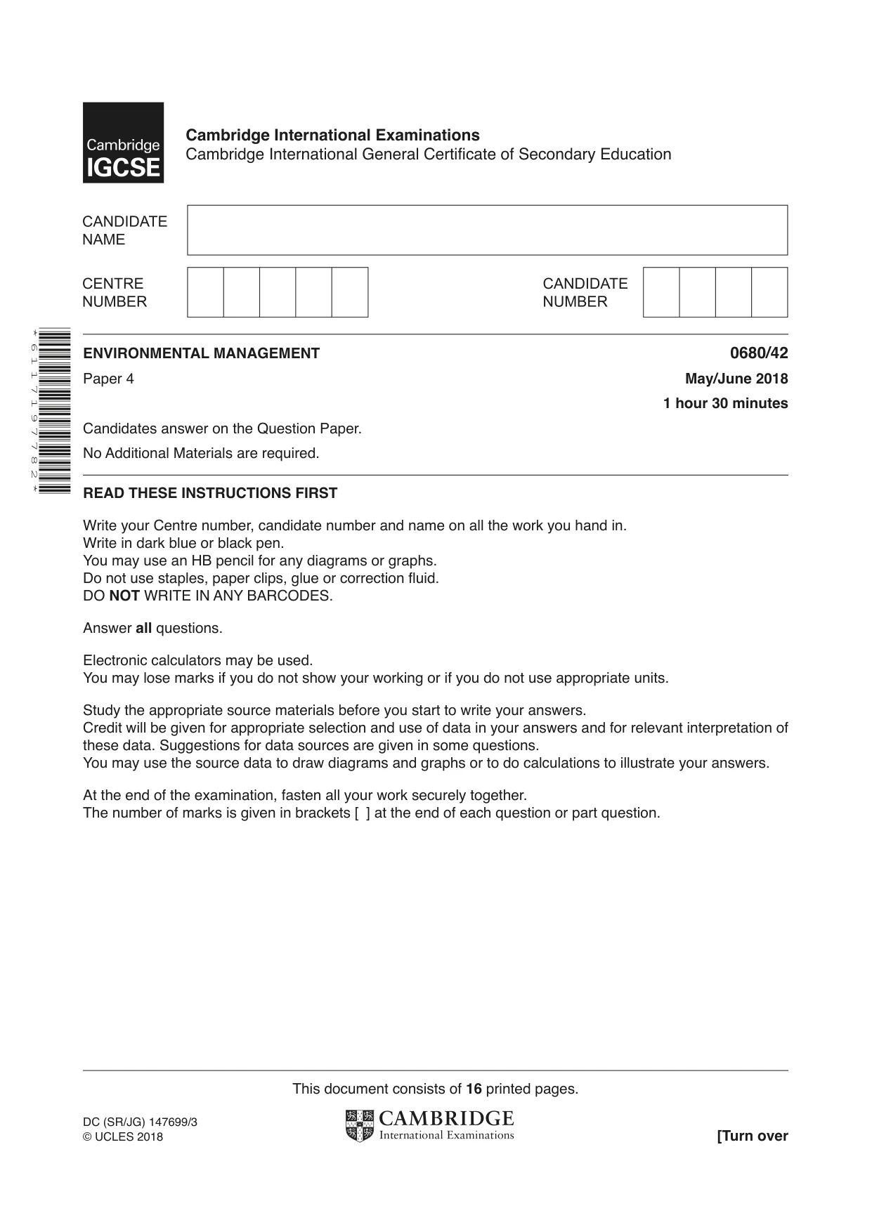 Cambridge IGCSE Environmental Management 0680 2018 May/June Paper 4 · Variant 2 question paper, page 1 of 16