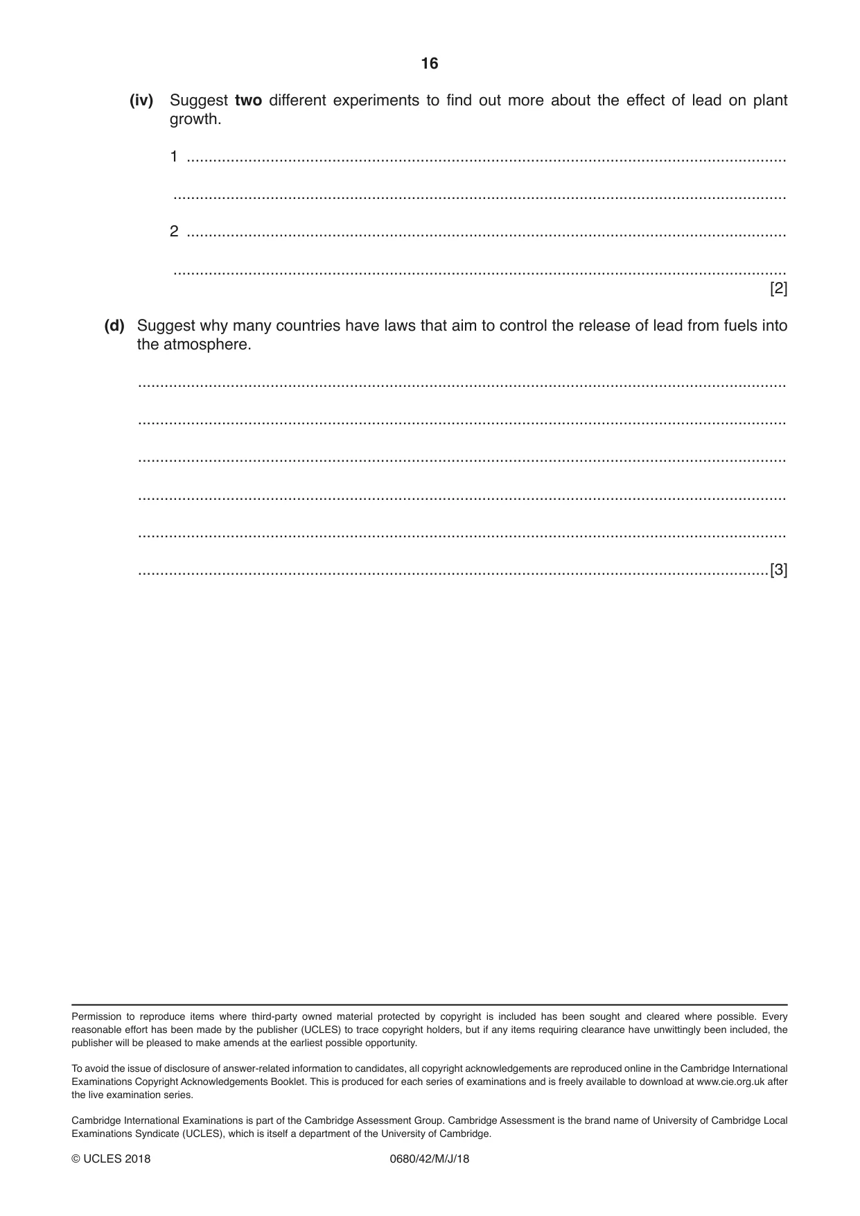 Cambridge IGCSE Environmental Management 0680 2018 May/June Paper 4 · Variant 2 question paper, page 16 of 16