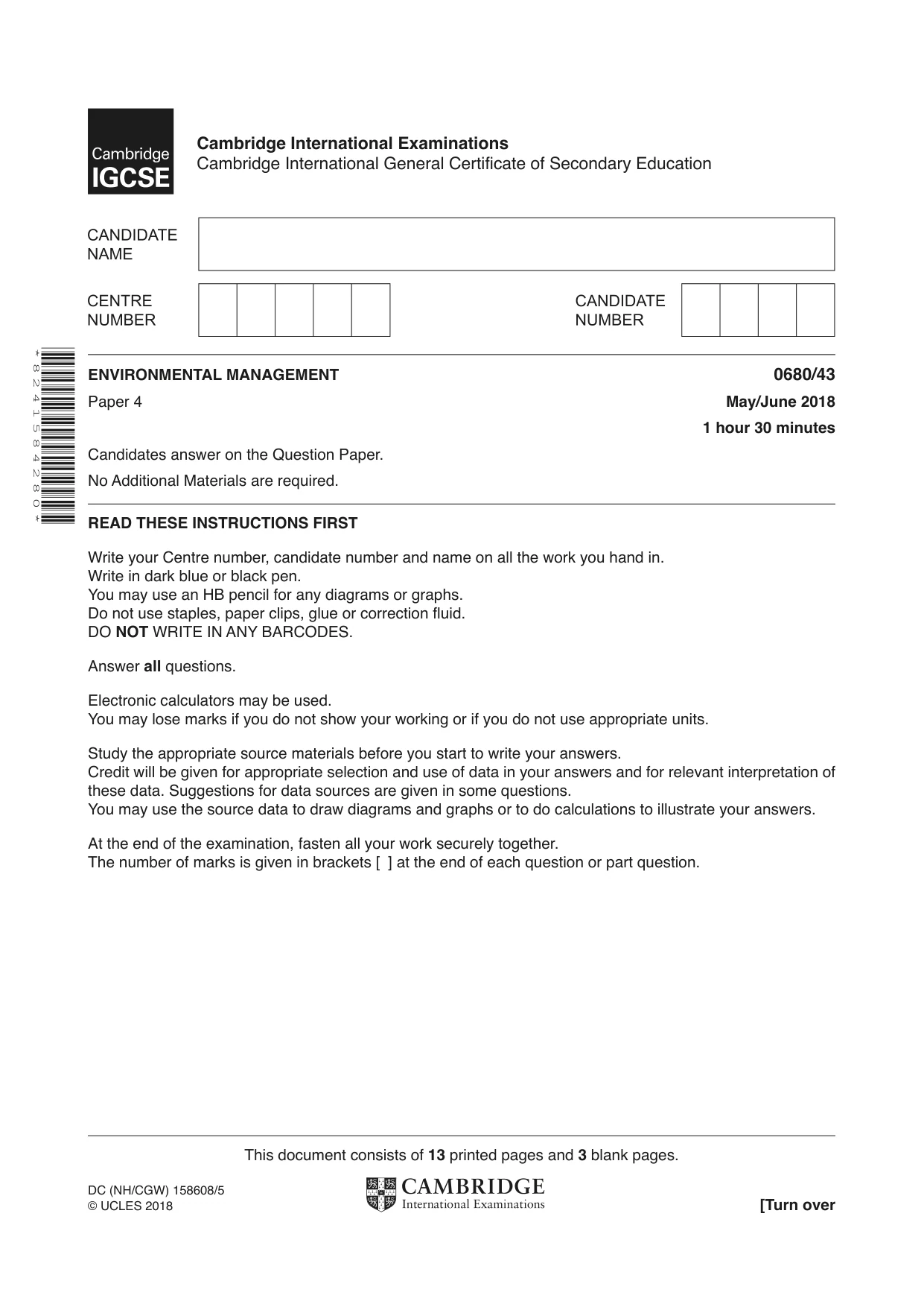 Cambridge IGCSE Environmental Management 0680 2018 May/June Paper 4 · Variant 3 question paper, page 1 of 16