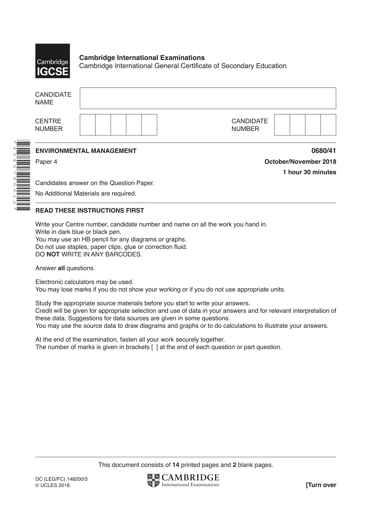 Cambridge IGCSE Environmental Management 0680 2018 Oct/Nov Paper 4 · Variant 1 question paper, page 1 of 16