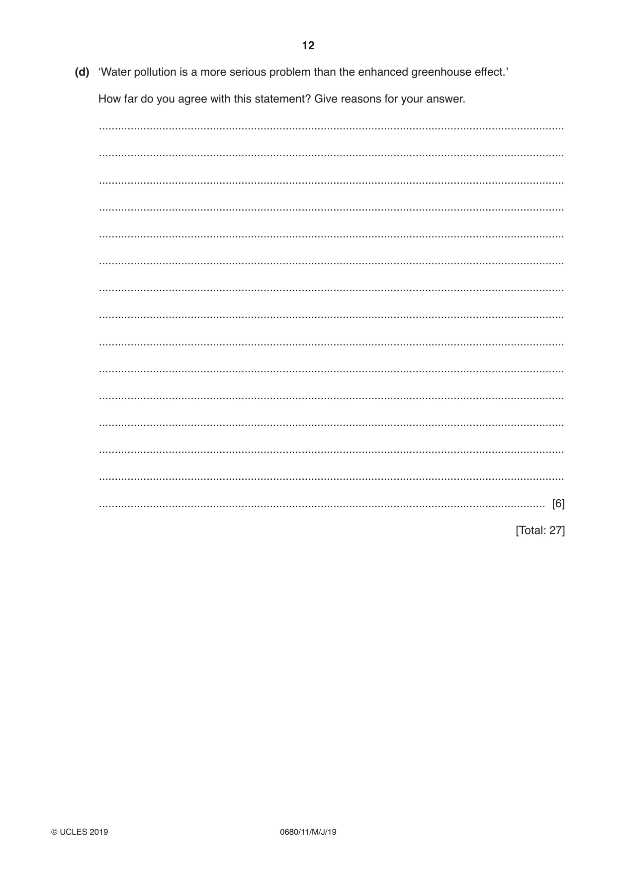 Cambridge IGCSE Environmental Management 0680 2019 May/June Paper 1 · Variant 1 question paper, page 12 of 16