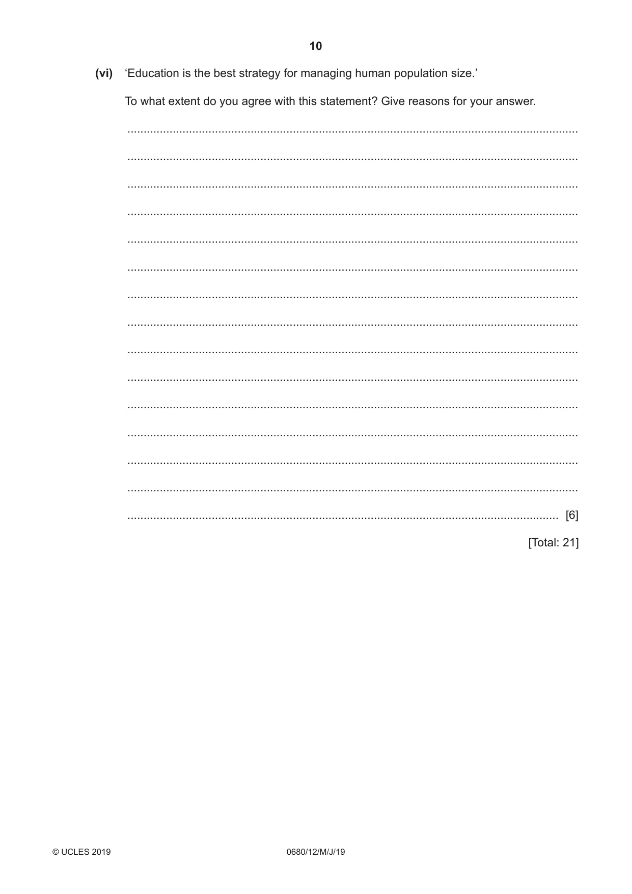 Cambridge IGCSE Environmental Management 0680 2019 May/June Paper 1 · Variant 2 question paper, page 10 of 20