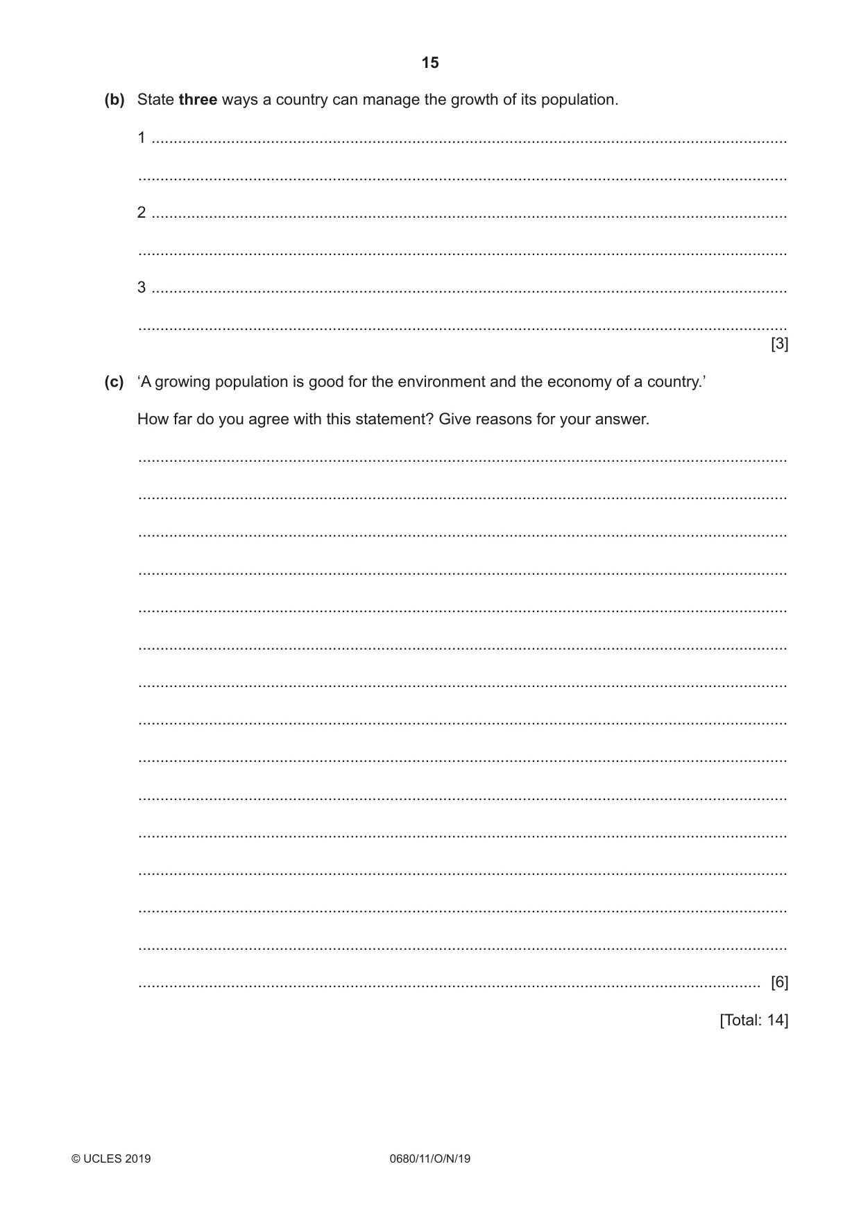 Cambridge IGCSE Environmental Management 0680 2019 Oct/Nov Paper 1 · Variant 1 question paper, page 15 of 16