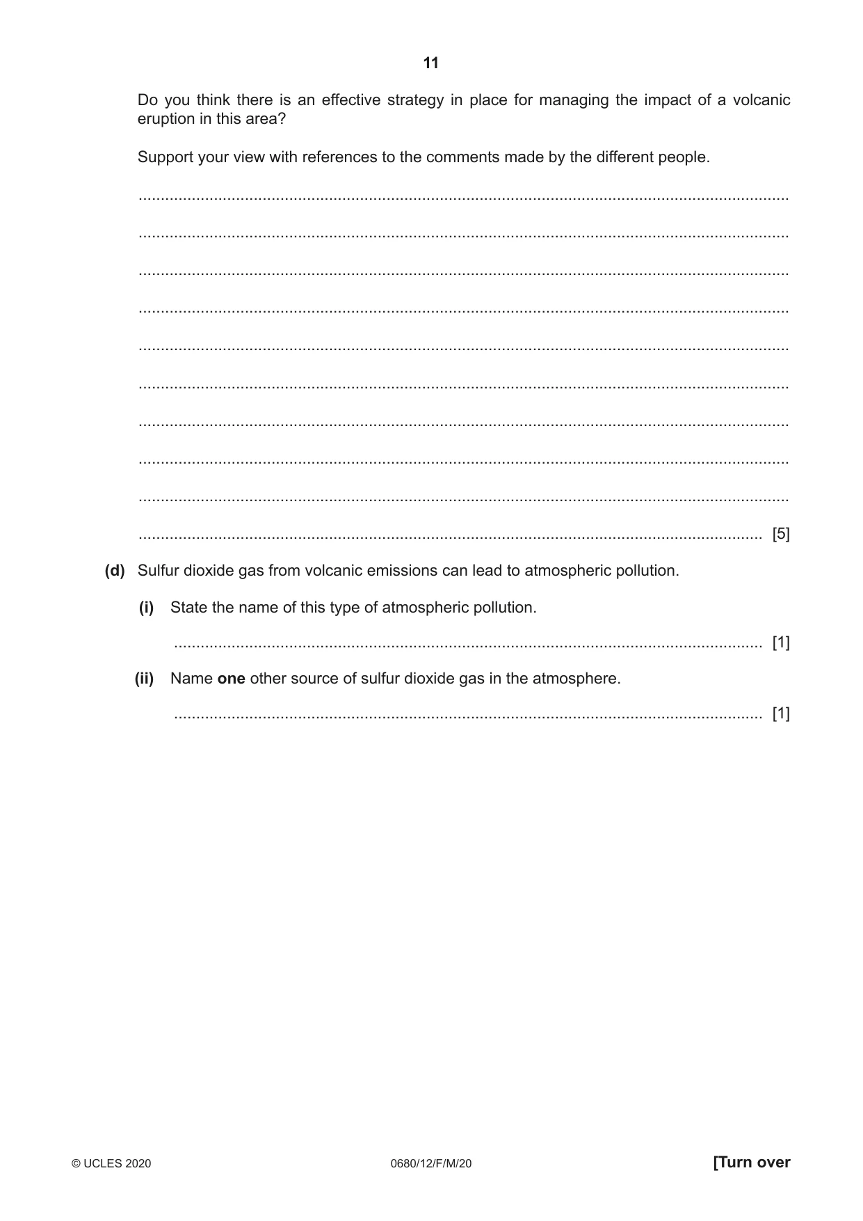 Cambridge IGCSE Environmental Management 0680 2020 Feb/March Paper 1 · Variant 2 question paper, page 11 of 20