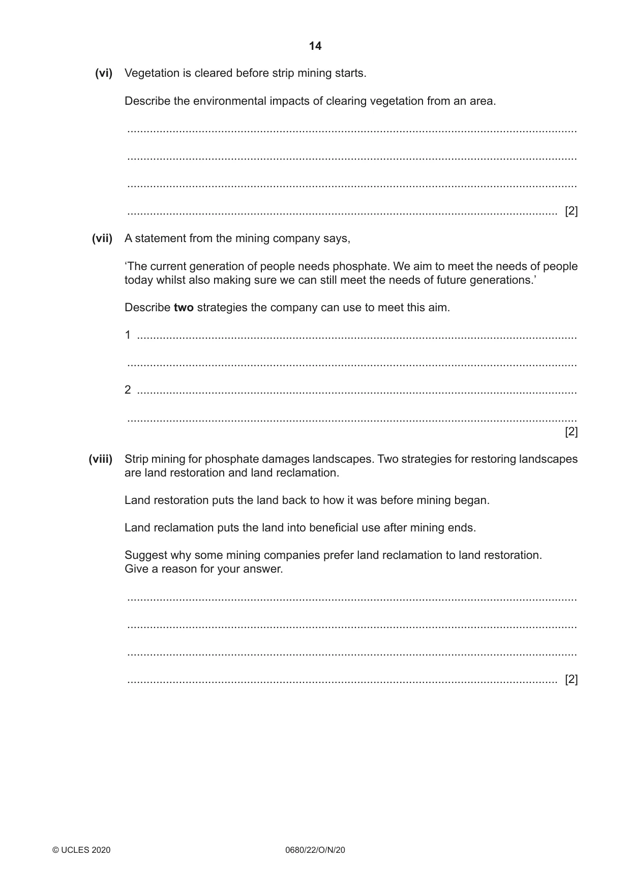 Cambridge IGCSE Environmental Management 0680 2020 Oct/Nov Paper 2 · Variant 2 question paper, page 14 of 24